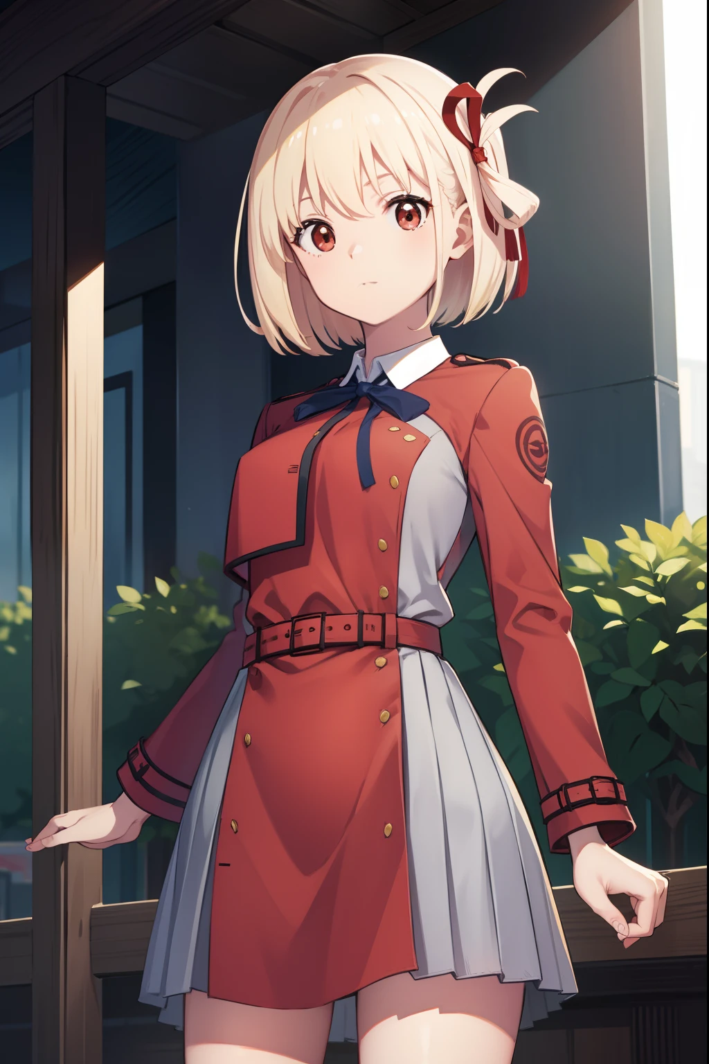 chisatonishikigi, nishikigi chisato, short hair, bangs, blonde hair, (red eyes:1.5), hair ribbon, one side up, bob cut,
BREAK shirt, long sleeves, dress, ribbon, white shirt, collared shirt, belt, neck ribbon, red dress, blue ribbon, pleated dress, grey dress, two-tone dress, red belt, lycoris uniform,,
BREAK outdoors, city,
BREAK looking at viewer, BREAK (masterpiece:1.2), best quality, high resolution, unity 8k wallpaper, (illustration:0.8), (beautiful detailed eyes:1.6), extremely detailed face, perfect lighting, extremely detailed CG, (perfect hands, perfect anatomy),