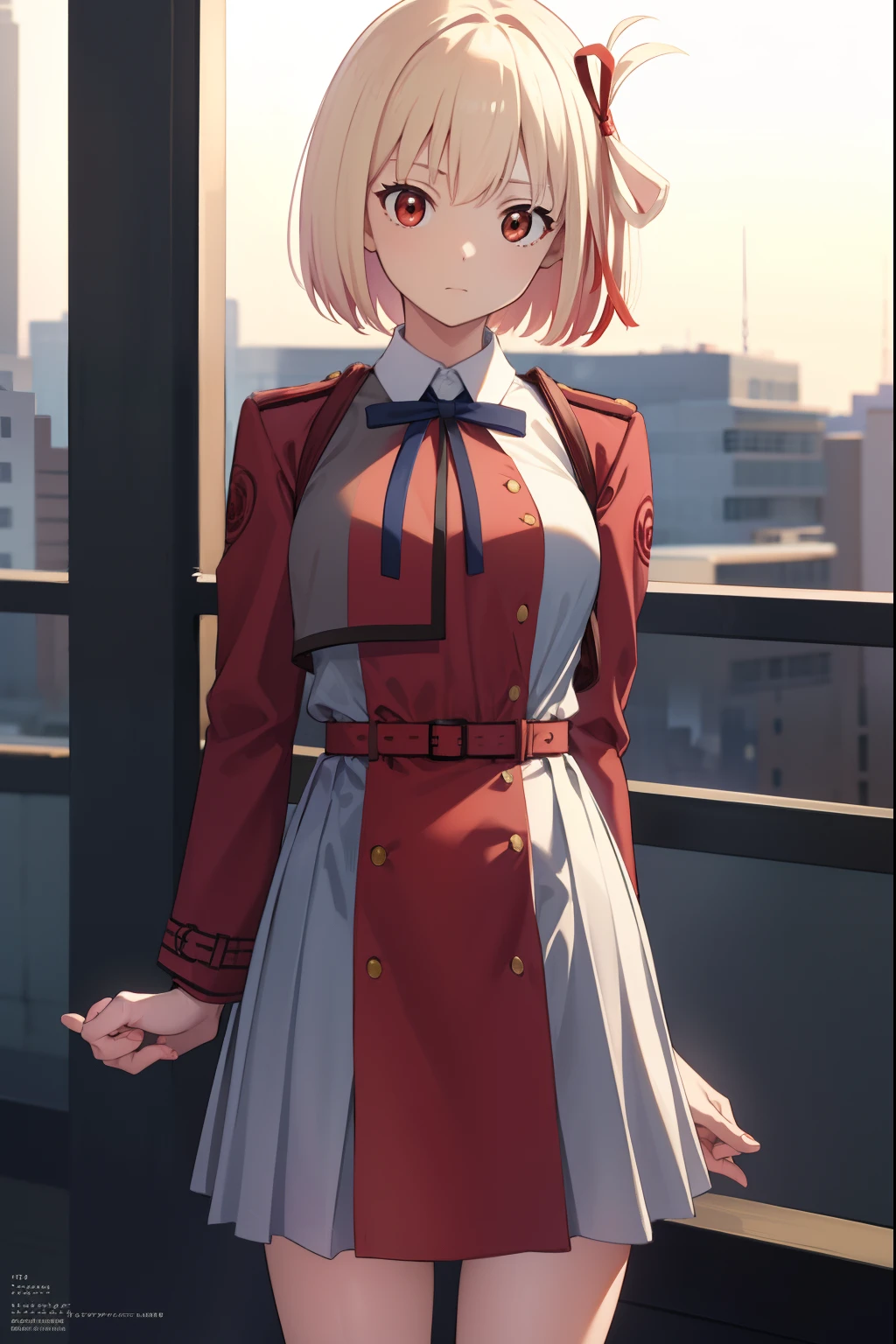 chisatonishikigi, nishikigi chisato, short hair, bangs, blonde hair, (red eyes:1.5), hair ribbon, one side up, bob cut,
BREAK shirt, long sleeves, dress, ribbon, white shirt, collared shirt, belt, neck ribbon, red dress, blue ribbon, pleated dress, grey dress, two-tone dress, red belt, lycoris uniform,,
BREAK outdoors, city,
BREAK looking at viewer, BREAK (masterpiece:1.2), best quality, high resolution, unity 8k wallpaper, (illustration:0.8), (beautiful detailed eyes:1.6), extremely detailed face, perfect lighting, extremely detailed CG, (perfect hands, perfect anatomy),