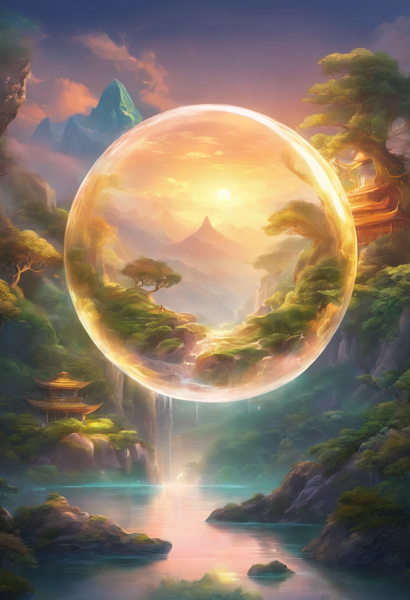 A crystal ball is held by a large hand,Inside the crystal ball,Realistis,Miniature,Bonsai in a box,Golden Independence Building,Grass,Nature, Golden,Golden decoration,Circular ring LED flexible rope light,fluorescent light,Floating,Inner glow,Glowing,Emerald and gemstone texture,(((jin shan))),(waters),Golden Pavilion,A plant,Jadeite and jadeite jewelry,Pure pearls, (Golden auspicious clouds:1.1),Towering trees,Strip light,Mountain road,Strip light,Backlight