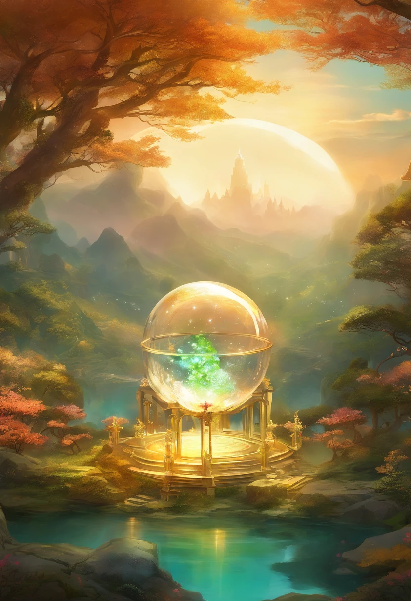 A crystal ball is held by a large hand，Inside the crystal ball,Realistis,Miniature,Bonsai in a box,Golden Independence Building,Grass,Nature, Golden,Golden decoration,Circular ring LED flexible rope light,fluorescent light,Floating,Inner glow,Glowing,Emerald and gemstone texture,(((jin shan))),(waters),Golden Pavilion,A plant,Jadeite and jadeite jewelry,Pure pearls, (Golden auspicious clouds:1.1),Towering trees,Strip light,Mountain road,Strip light,Backlight