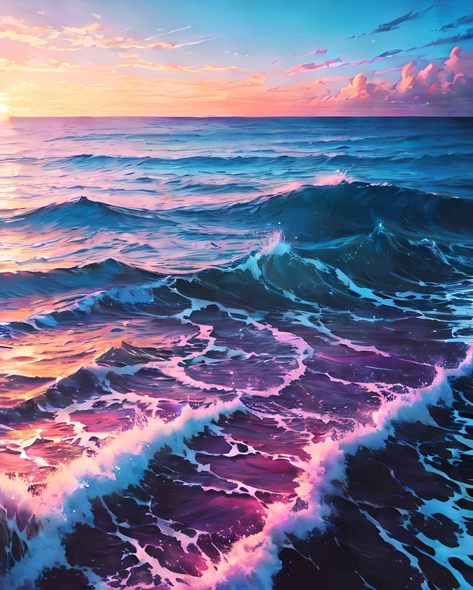 a painting of a sunset over the ocean, a digital painting, tumblr, wallpaper anime blue water, pink and blue colour, clouds and waves, rossdraws pastel vibrant, endless sea, magenta and blue