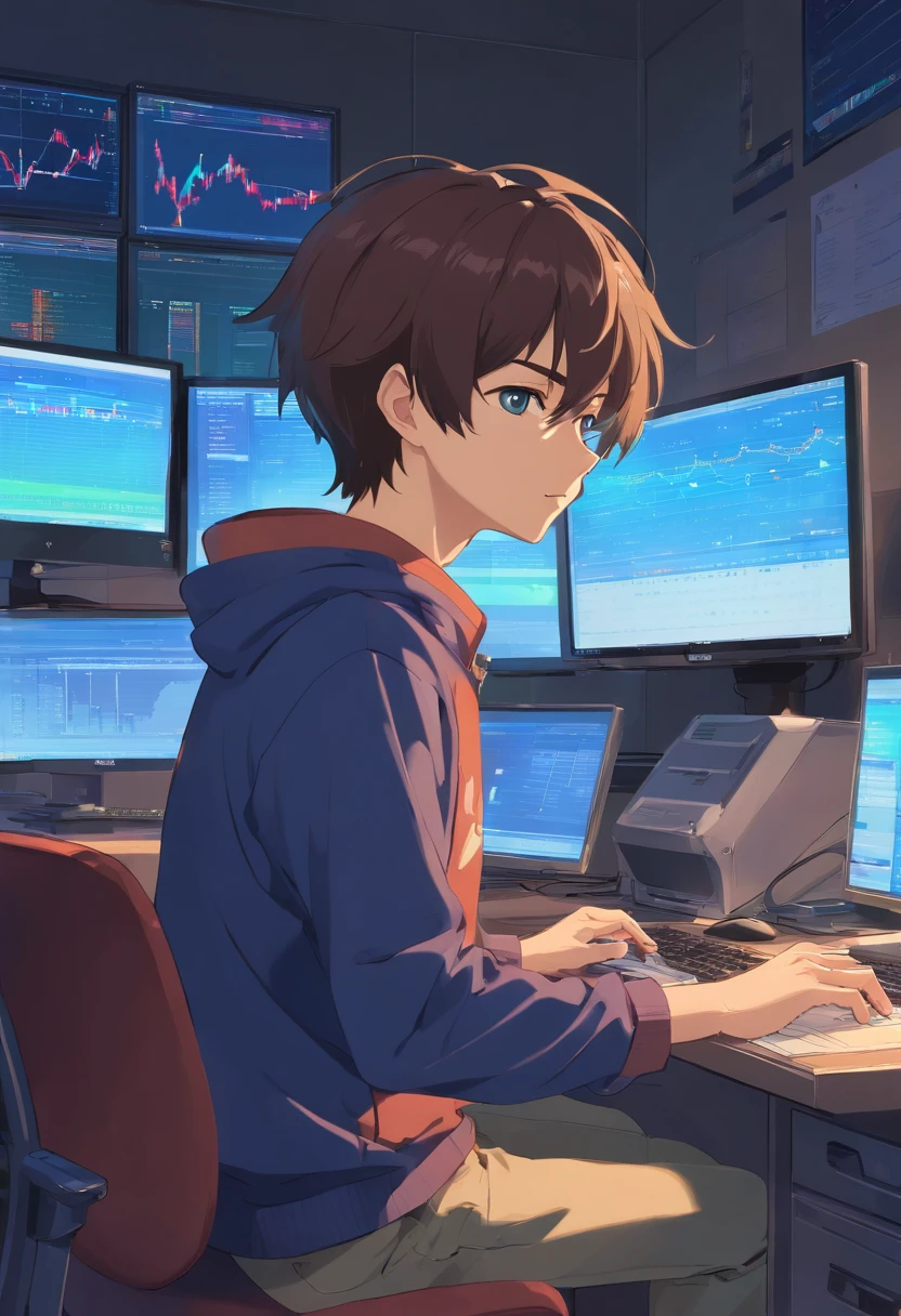 There's a man sitting at a desk with two computer monitors, sentado em um computador, sentado em frente ao computador, olhando para o monitor, displaying stock charts, sentado em uma mesa de computador, na frente de um computador, trading, trading stocks,