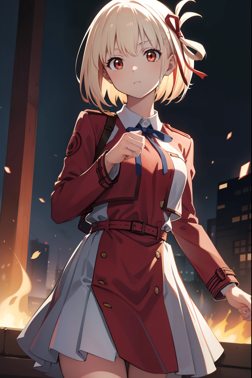 chisatonishikigi, nishikigi chisato, short hair, bangs, blonde hair, (red eyes:1.5), hair ribbon, one side up, bob cut,
BREAK shirt, long sleeves, dress, ribbon, white shirt, collared shirt, belt, neck ribbon, red dress, blue ribbon, pleated dress, grey dress, two-tone dress, red belt, lycoris uniform,,
BREAK outdoors, city,
BREAK looking at viewer, BREAK (masterpiece:1.2), best quality, high resolution, unity 8k wallpaper, (illustration:0.8), (beautiful detailed eyes:1.6), extremely detailed face, perfect lighting, extremely detailed CG, (perfect hands, perfect anatomy),