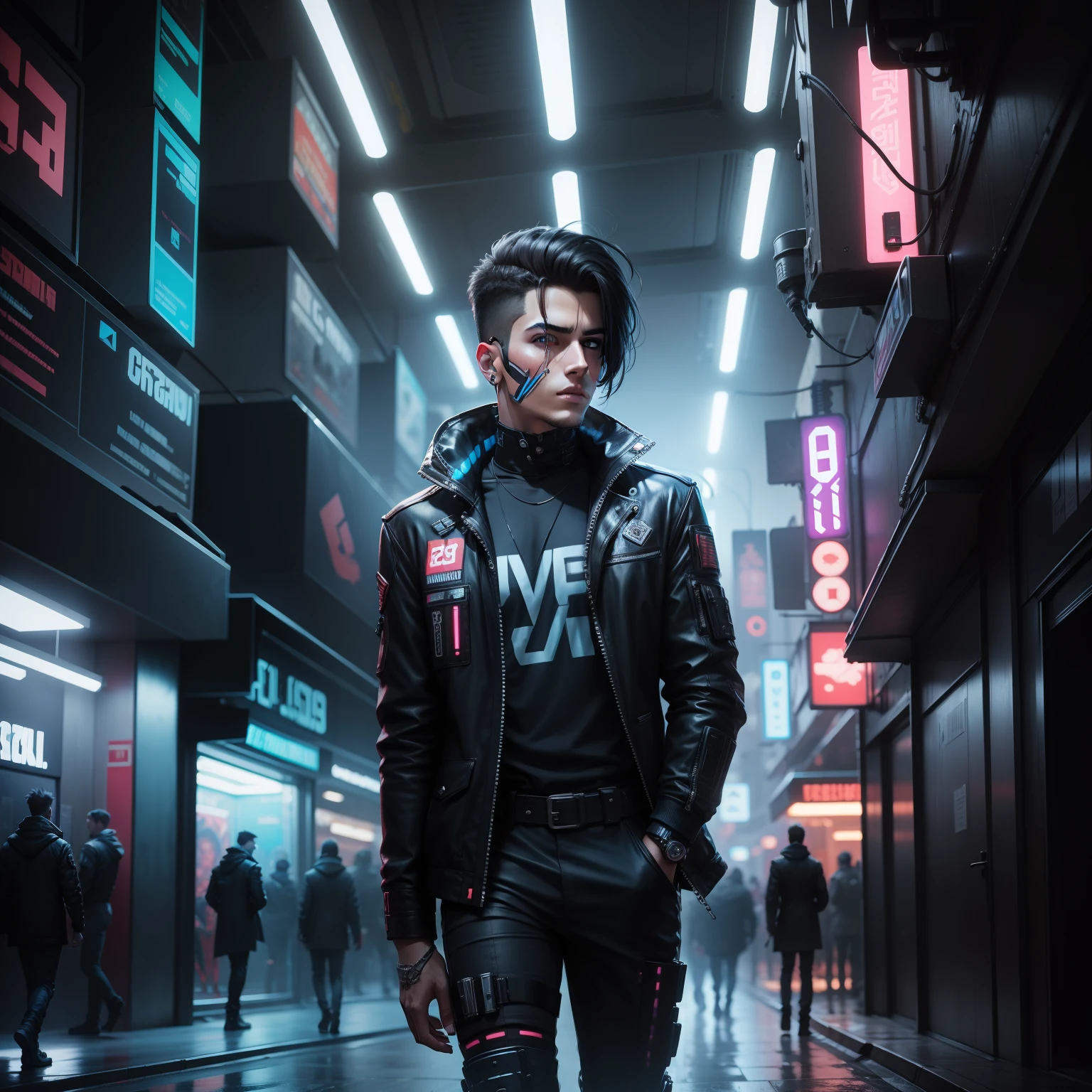 Change background cyberpunk handsome boy, realistic face, ultra realistic