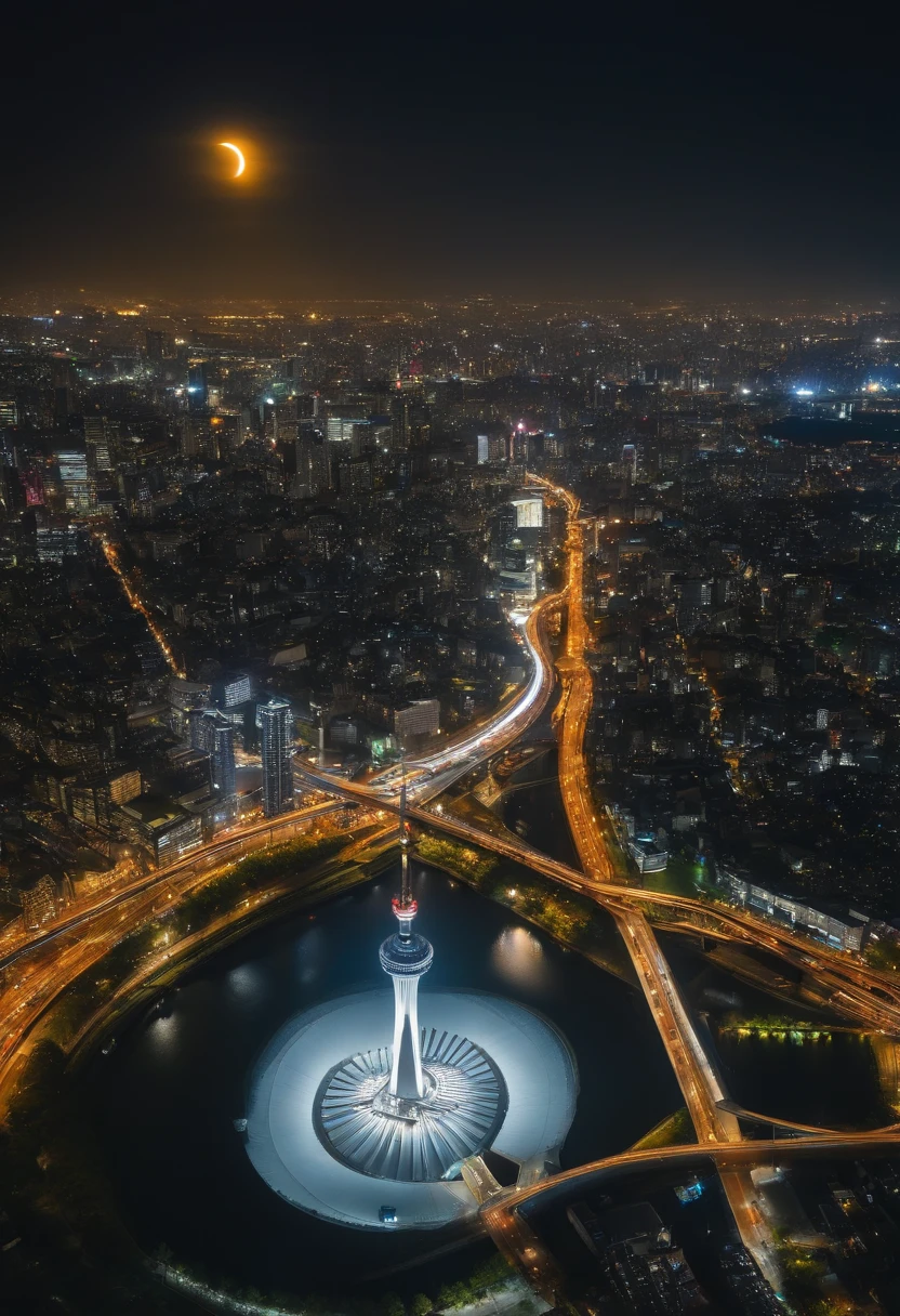 Giant crescent moon、high-level image quality、raw、Standing at Tokyo Skytree、20-year-old woman、nighttime scene、Milky Way Galaxy、Andromeda Nebula、tokyo streets、Flowing Lines of Light、Metropolitan Expressway Junction、fort、Rainbow Bridge、Approaching Planets
