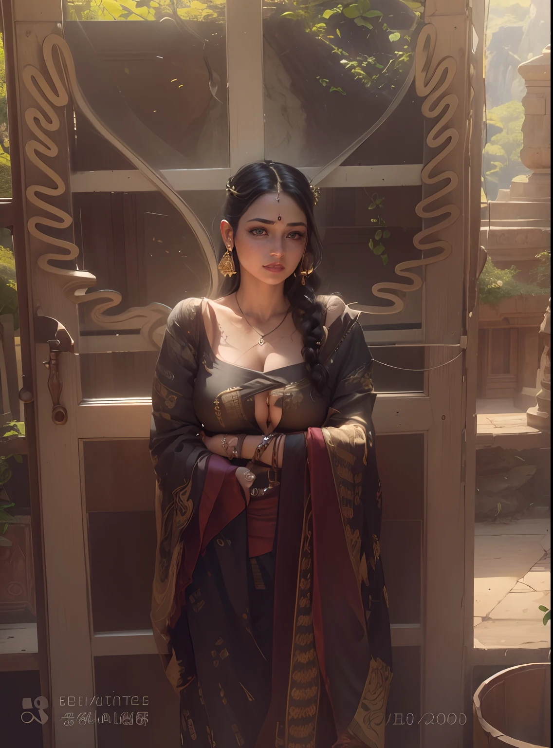 ((realistic:1.5)),((best quality)), ((masterpiece)),((detailed)),2girls,duo,{2 beautiful female}, (upper body:1.3),hugging and touching each other, teasing her friend's waist, gasping friend, biting her friend's ear lobe, squatting,super-wide-angle lens,face focus,long legs,curvy, barefoot, medium breasts, open cleavage,long black hair,floting hair,long eyelashes, (detailed face,beautiful eye, detailed pupilss,detailed clothes features, clear background:1.3), (Bindi,Jhumkas:1.3),mysterious ancient ruin, lush forests, deep canyons,bridge,river,cliff,cloud,lakes,rock,waterfalls, flowers, grass,vine,tree,bright details,sharp,perfect composistion, Intricate, Sharp focus, dramatic,