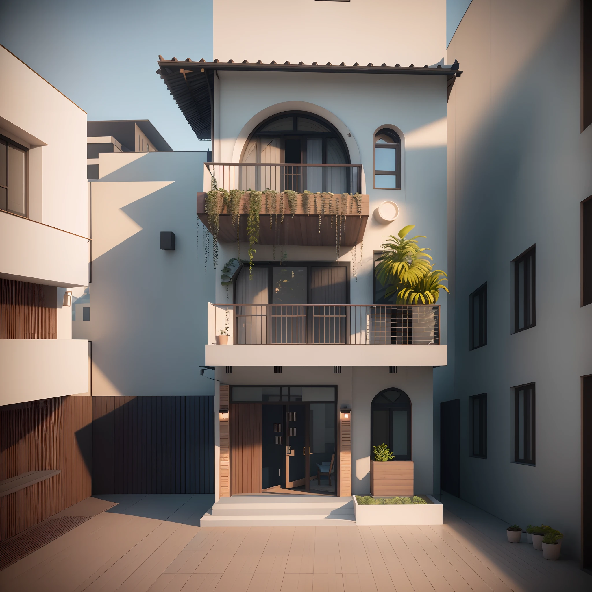 arafed building with a balcony and a balcony with a plant on the balcony, rendered in 3 dsmax, vue 3d render, render vray, exterior design, building facing, front elevation view, vue render, 3d finalrender, 3 d finalrender, render in vray, lumion render, 3 d vray render, render 3 d