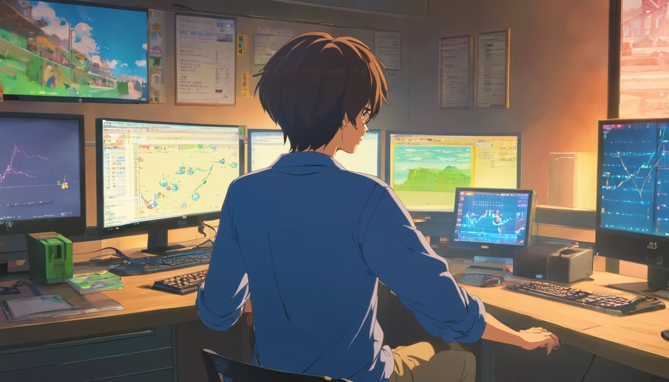 There's a man sitting at a desk with two computer monitors, sentado em um computador, sentado em frente ao computador, olhando para o monitor, displaying stock charts, sentado em uma mesa de computador, na frente de um computador, trading, trading stocks,