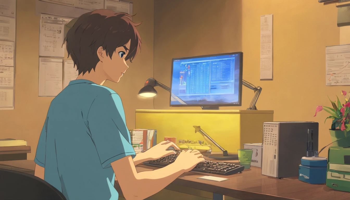 There's a man sitting at a desk with two computer monitors, sentado em um computador, sentado em frente ao computador, olhando para o monitor, displaying stock charts, sentado em uma mesa de computador, na frente de um computador, trading, trading stocks,