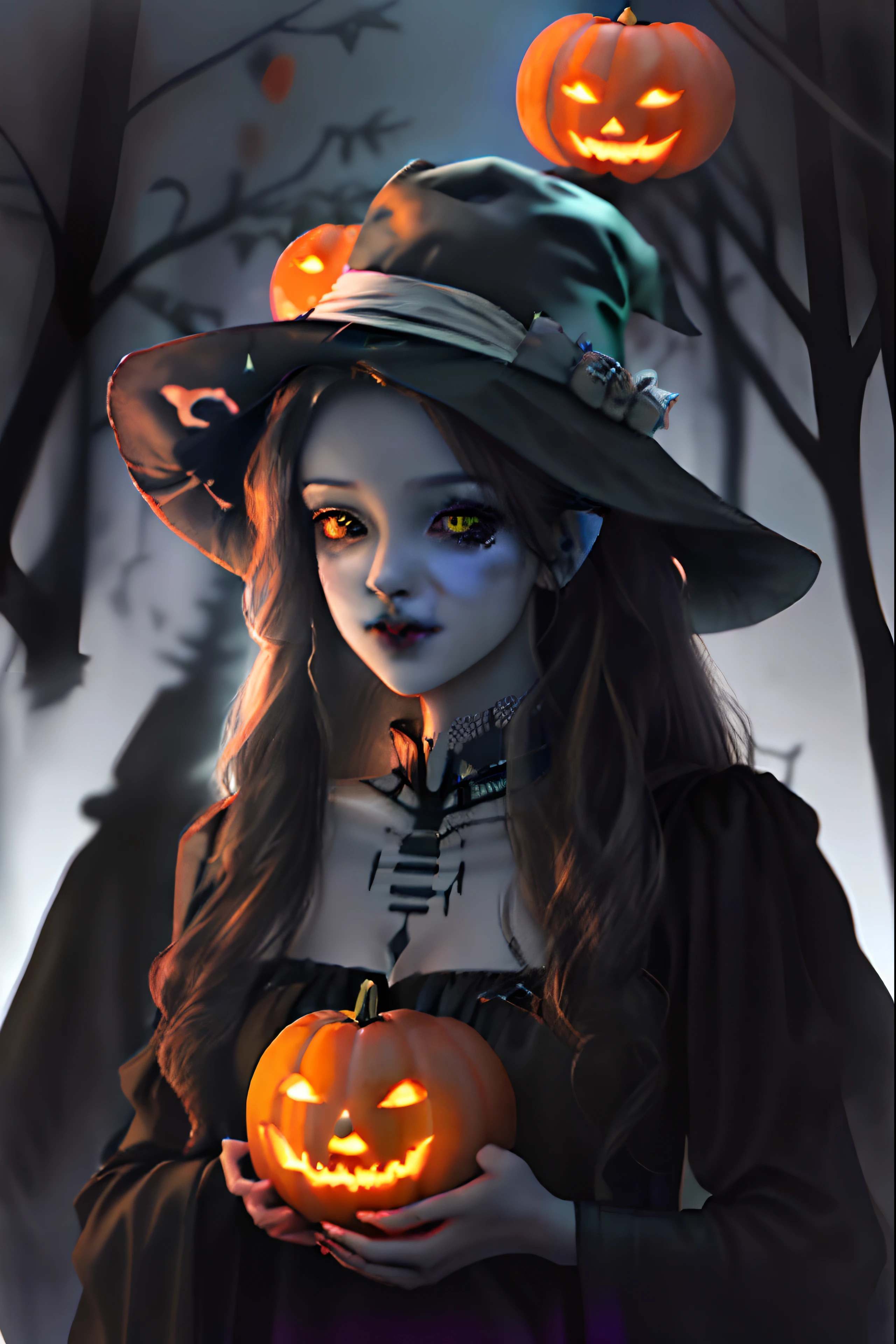 Skeleton in a dark forest with black cat witch and the cute pumpkins, halloween, primtable,no background, neon lights