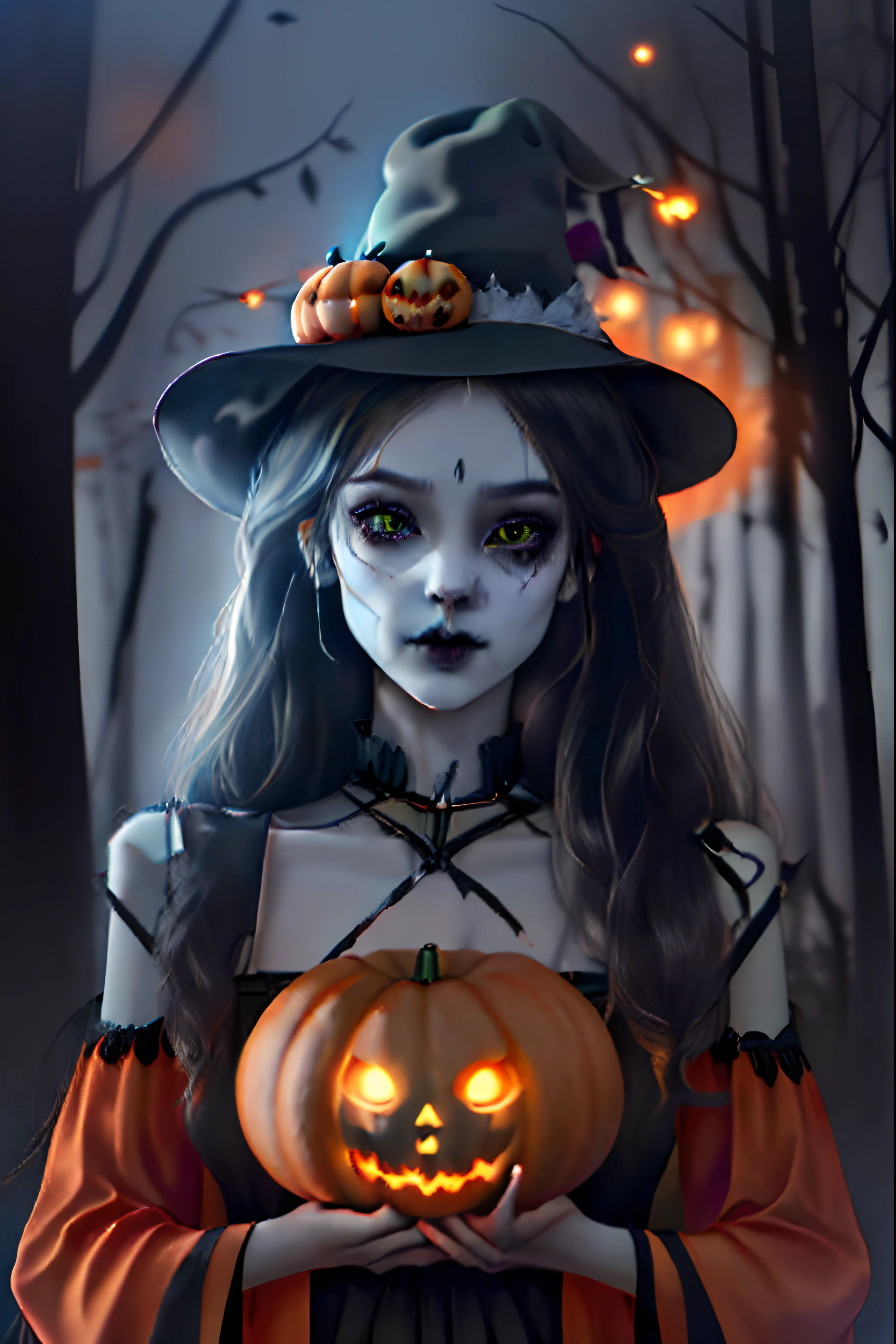 Skeleton in a dark forest with black cat witch and the cute pumpkins, halloween, primtable,no background, neon lights