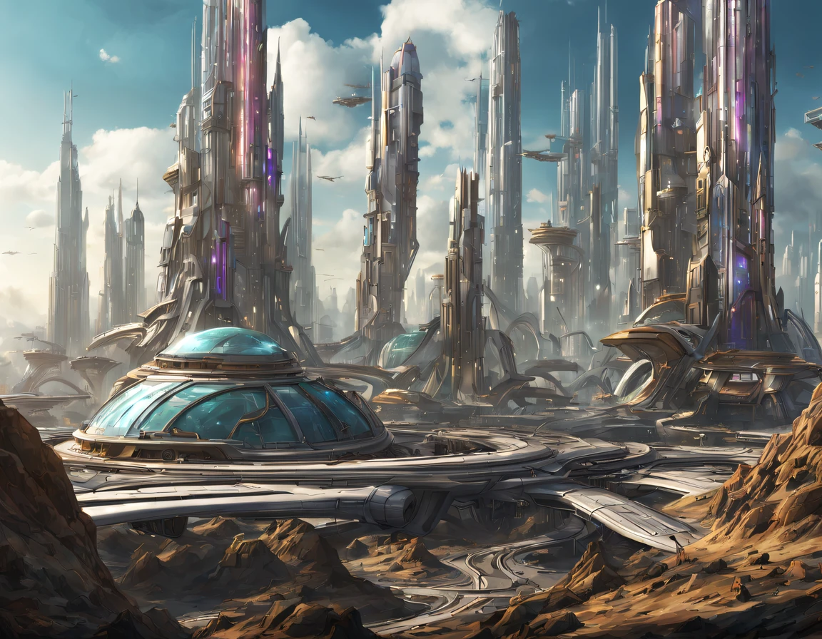 On an unknown planet there is a futuristic city with immense buildings of technological design, con estructuras acristaladas en plata, oro y bronce y maquinarias espectaculares en la que sobrevive un robot femenino espectacular. con colores vivos.