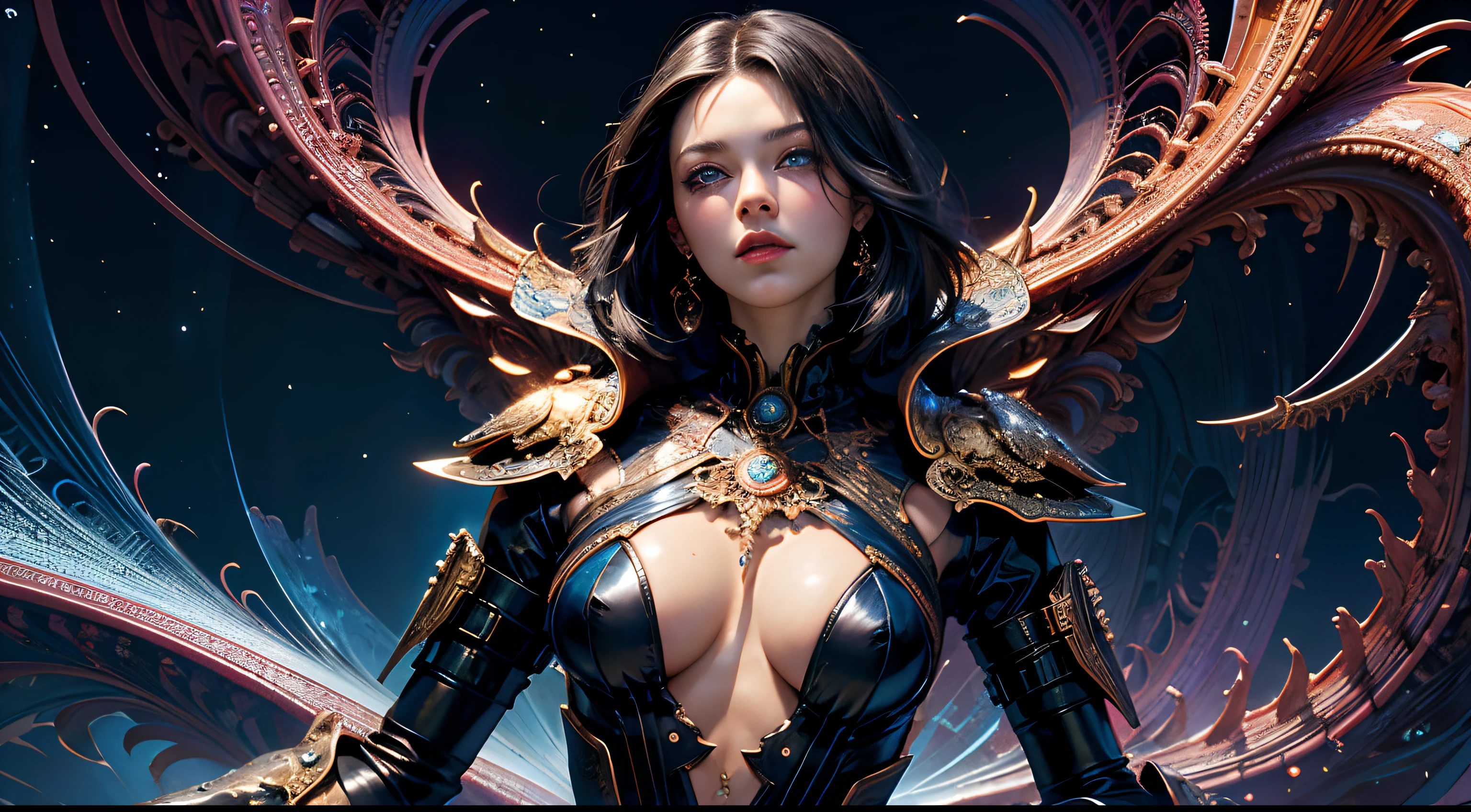 (masterpiece, top quality, best quality, official art, beautiful and aesthetic:1.2), (1girl), extreme detailed,(fractal art:1.3),colorful,highest detailed, black hair, blue eyes, fair skin, latex, leather