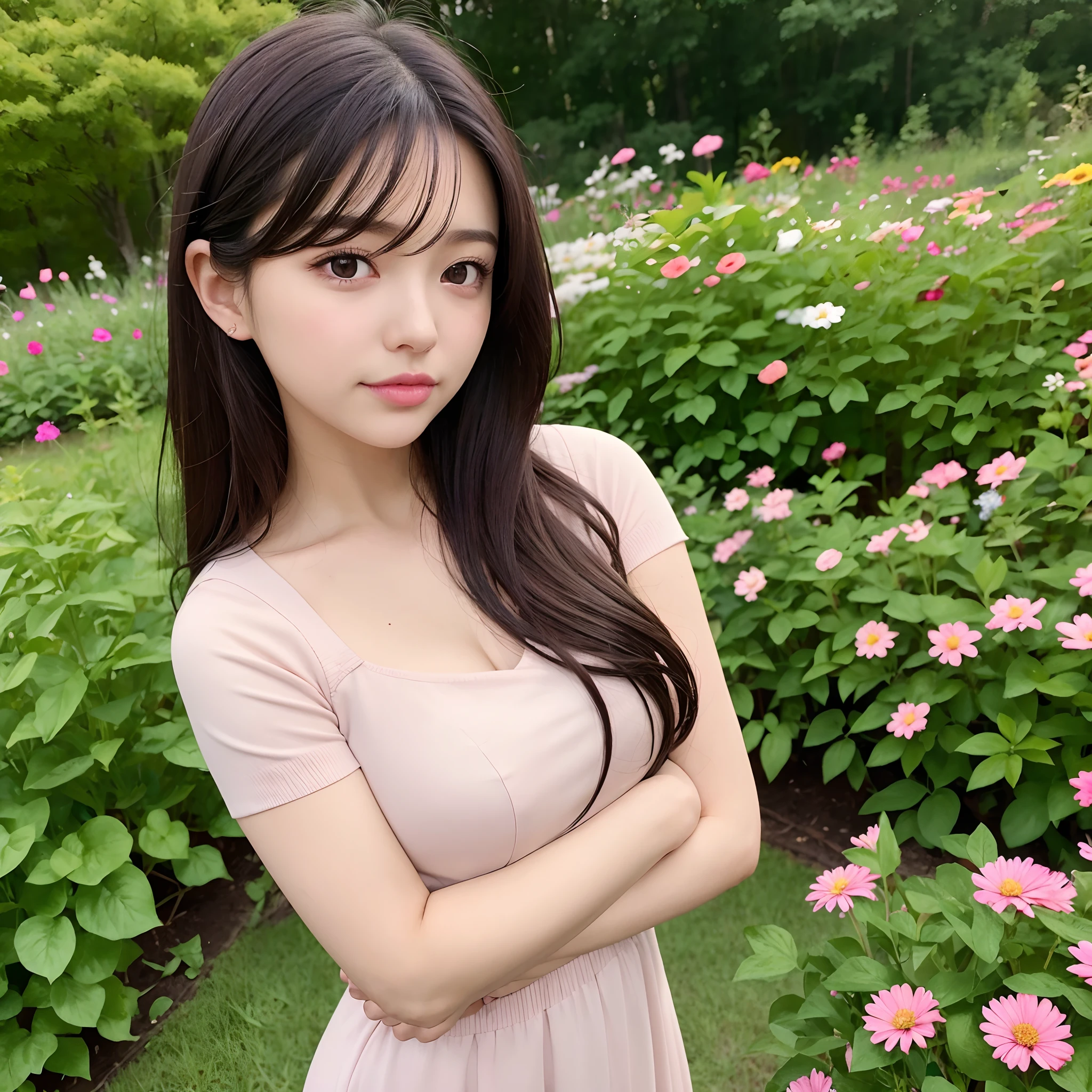 Realistic, 1girl in, Dark hair, dark brown eyes, Bright eyes, Split lips, blush, Cute, garden, day, Flowers.