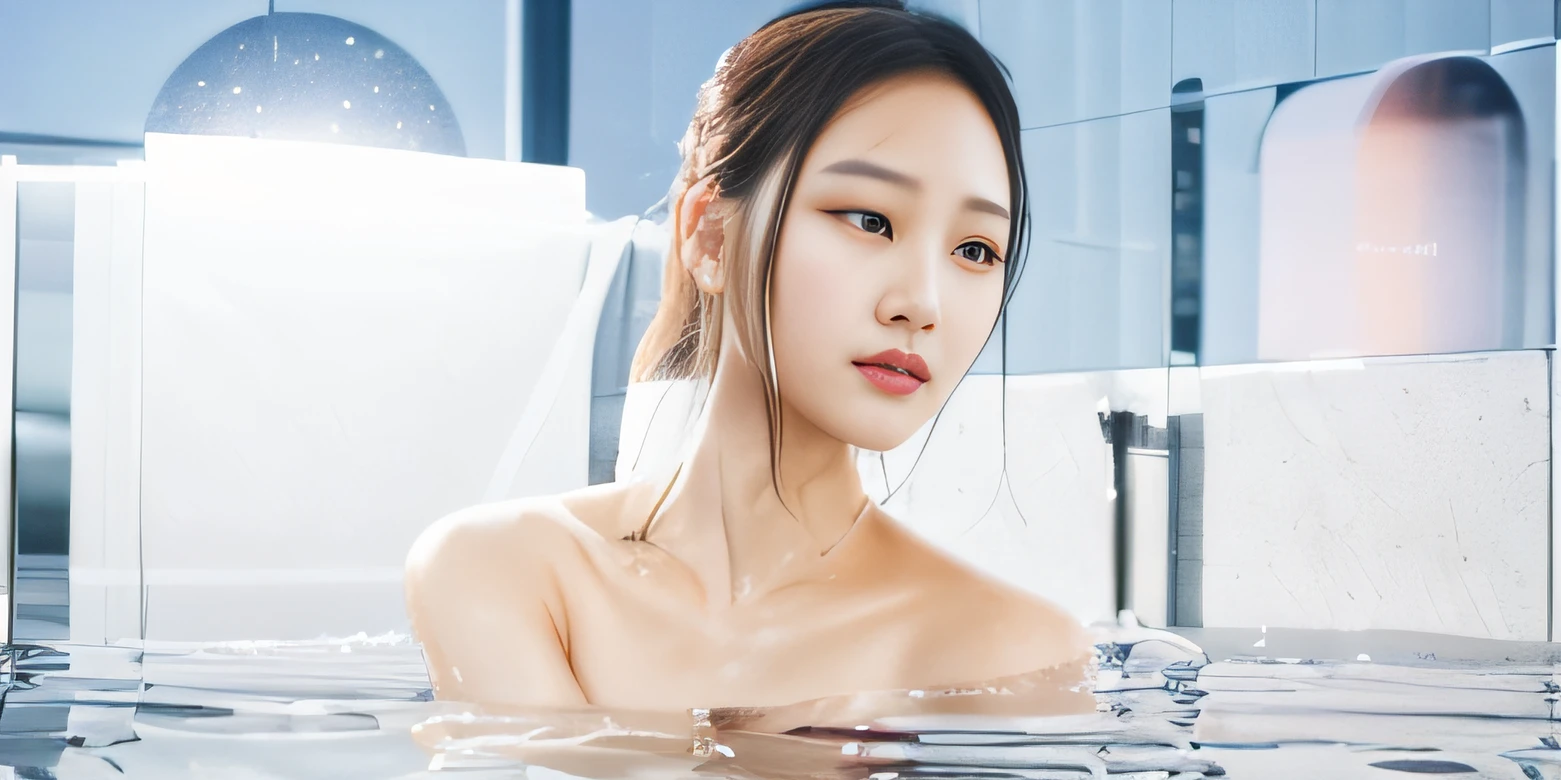 (best quality, highres:1.2, realistic:1.37), transparent lighting, minimalistic style, photography, a woman of Asian descent emerging from the water, numerous glass reflections illuminating her face