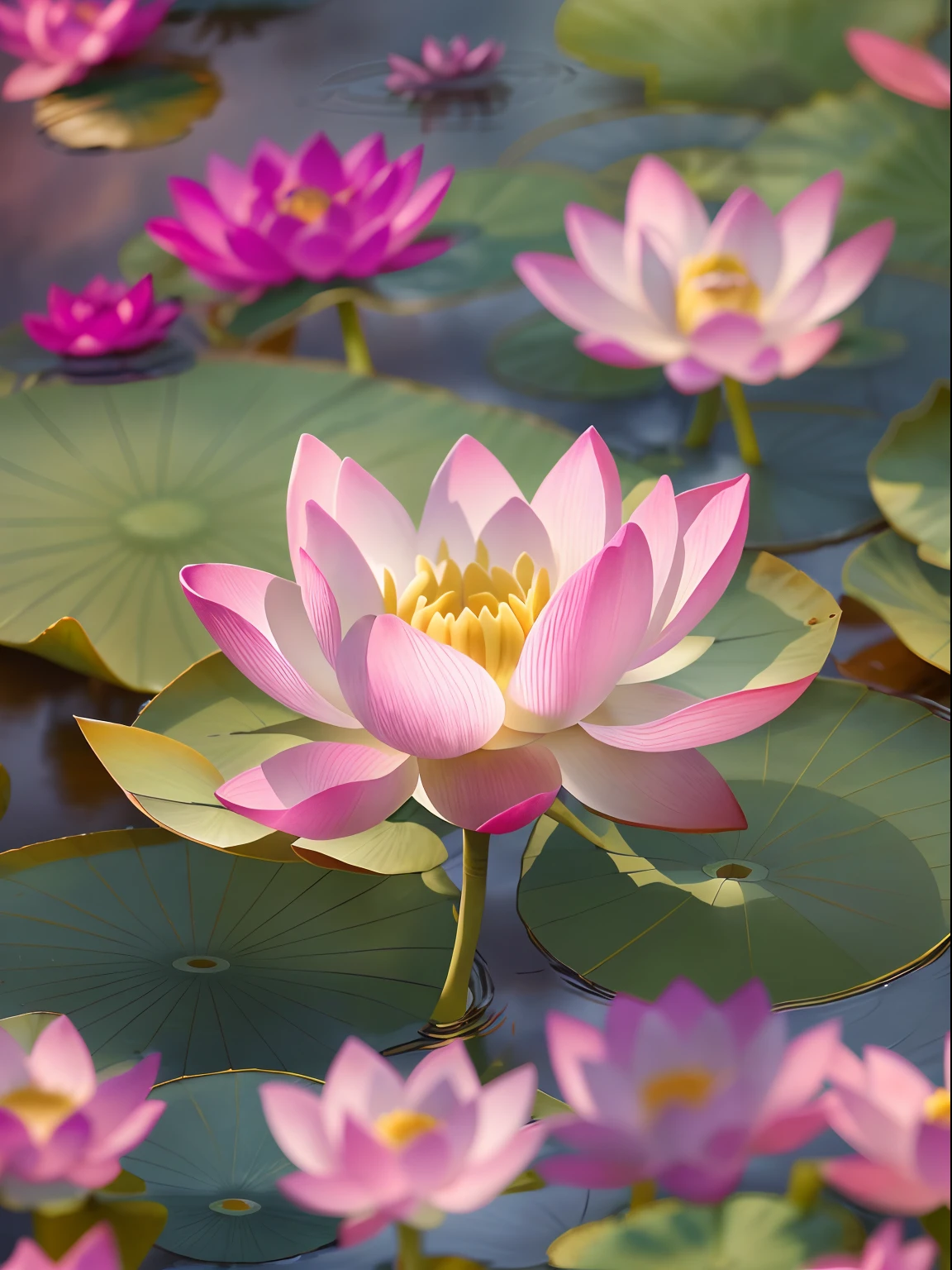best quality, masterpiece, high-res, realistic, vibrant colors, detailed lotus flowers, water reflections, delicate petals, graceful curves, serene atmosphere, zen vibes, macro photography, soft lighting, dreamy ambiance, peaceful pond, mesmerizing beauty, serene blue water, tranquil setting, blooming flowers, natural elegance