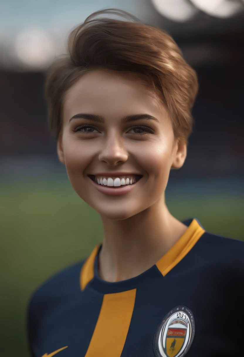 (grey background:1.5, close shot:1), (photorealistic:1.4), (best quality:1.0), (ultra highres:1.0), 8k, RAW photo, (masterpiece:0.2), 1girl, beautiful skin, detailed skin, big smile, teeth, (short hair:1), (soccer uniform:1.2)