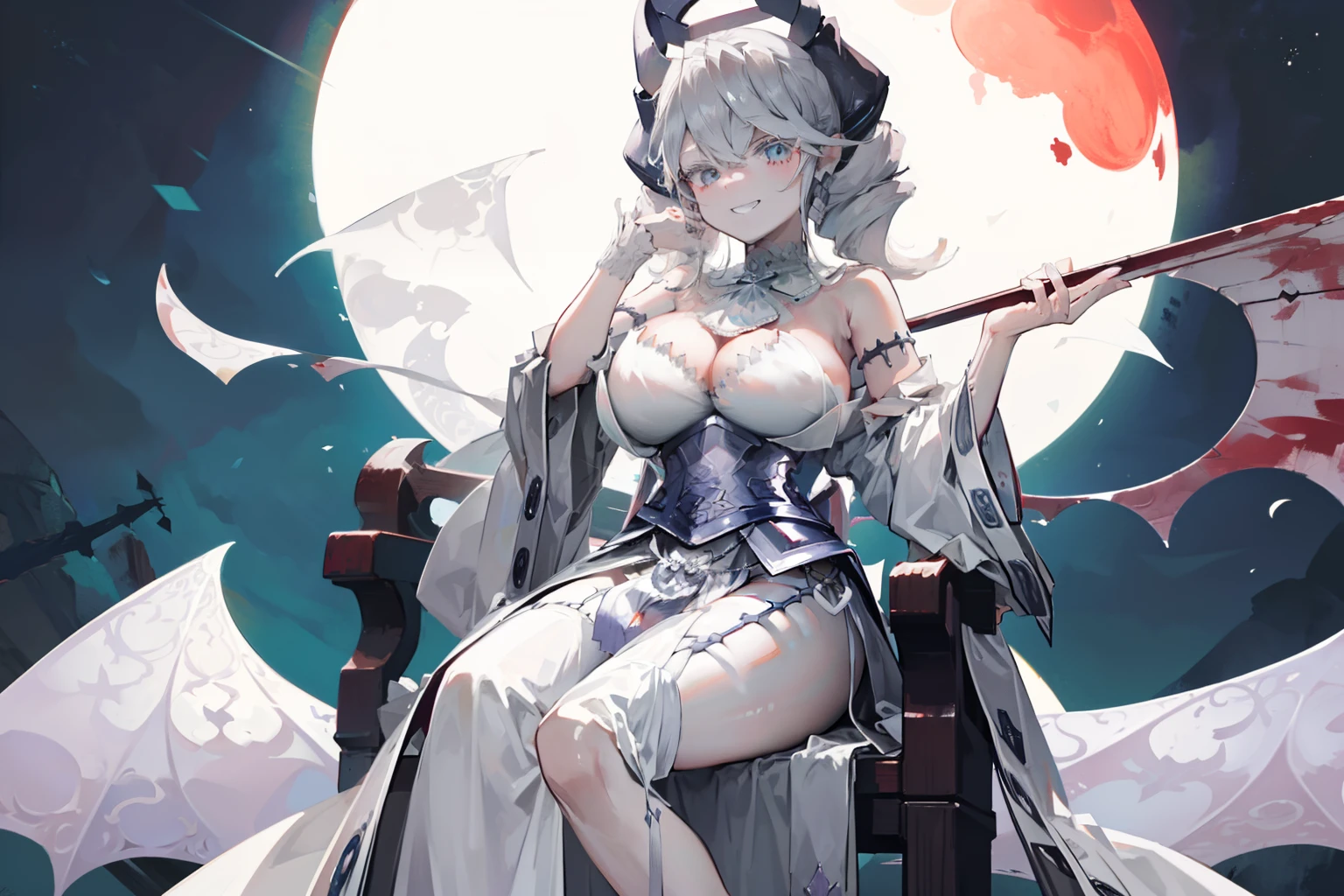 ((​masterpiece)), ((Top image quality)), ((Hi-Res)), ((Ultra detailed CG unified 8k wallpaper)),Wide Landscape Photography,  独奏, Fulll body Shot,(Bloody background)、silver castle、borgar、细致背景、Woman in white robe, Seductive Anime Girl, perfect gray hair girl, ((best ratio four finger and one thumb))、(King's Chair)、Luxurious armrests、Delicate bloody throne、Bloody、Delicate black throne、Have a big weapon、????? covered、white haired god, troll、(doyagao:1.5),Smirk,(grin),(full body Esbian),(Colossal ????、Long ???????)、,with a big ?????, legs crossed, (Bat Wings), (bright skin)、White-haired,erotick 、Big Red Moon、 beautiful alluring anime woman, White interior、Dominant atmosphere、 ((extremely delicate and beautiful))