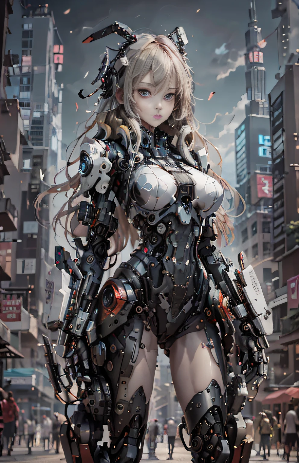 This is a hyper-detail、High resolution and top quality CG Unity 8k wallpaper,The style is sci-fi cyberpunk,Mainly black and red。In the picture, a mechanical girl with long blonde hair machine appears,Delicate human face,The arms and body are mechanical components,She was the only one standing in the middle of the city,The appearance of the whole body,Huge mechanical shoes can be seen,