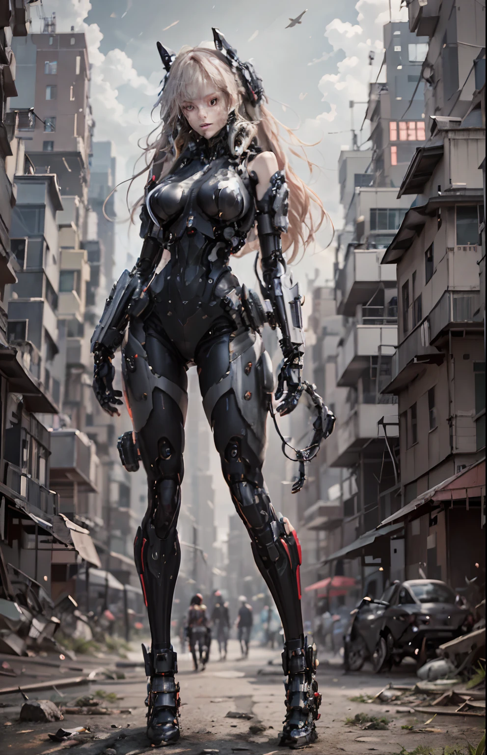 This is a hyper-detail、High resolution and top quality CG Unity 8k wallpaper,The style is sci-fi cyberpunk,Mainly black and red。In the picture, a mechanical girl with long blonde hair machine appears,Delicate human face,The arms and body are mechanical components,She was the only one standing in the middle of the city,The appearance of the whole body,Huge mechanical shoes can be seen,