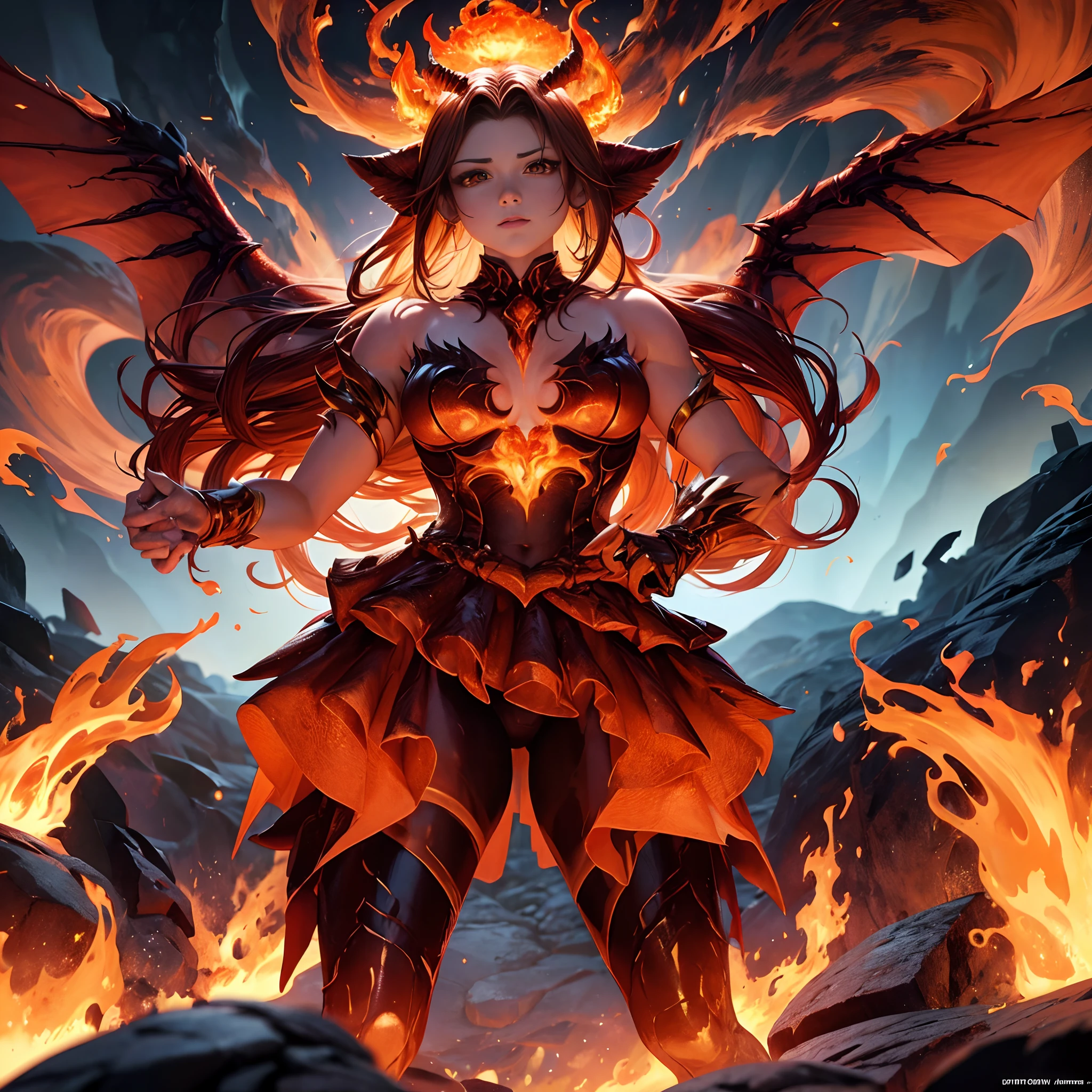 game art, (Ifrit a female mythical beast clad in flames, stands in the lava area), extraordinary masterpiece:2, Highest quality:2,  depiction of details:2, high dynamic range, v-ray rendering, octane rendering, Very detailed eyes, Beautiful flame, very nice and cute face,