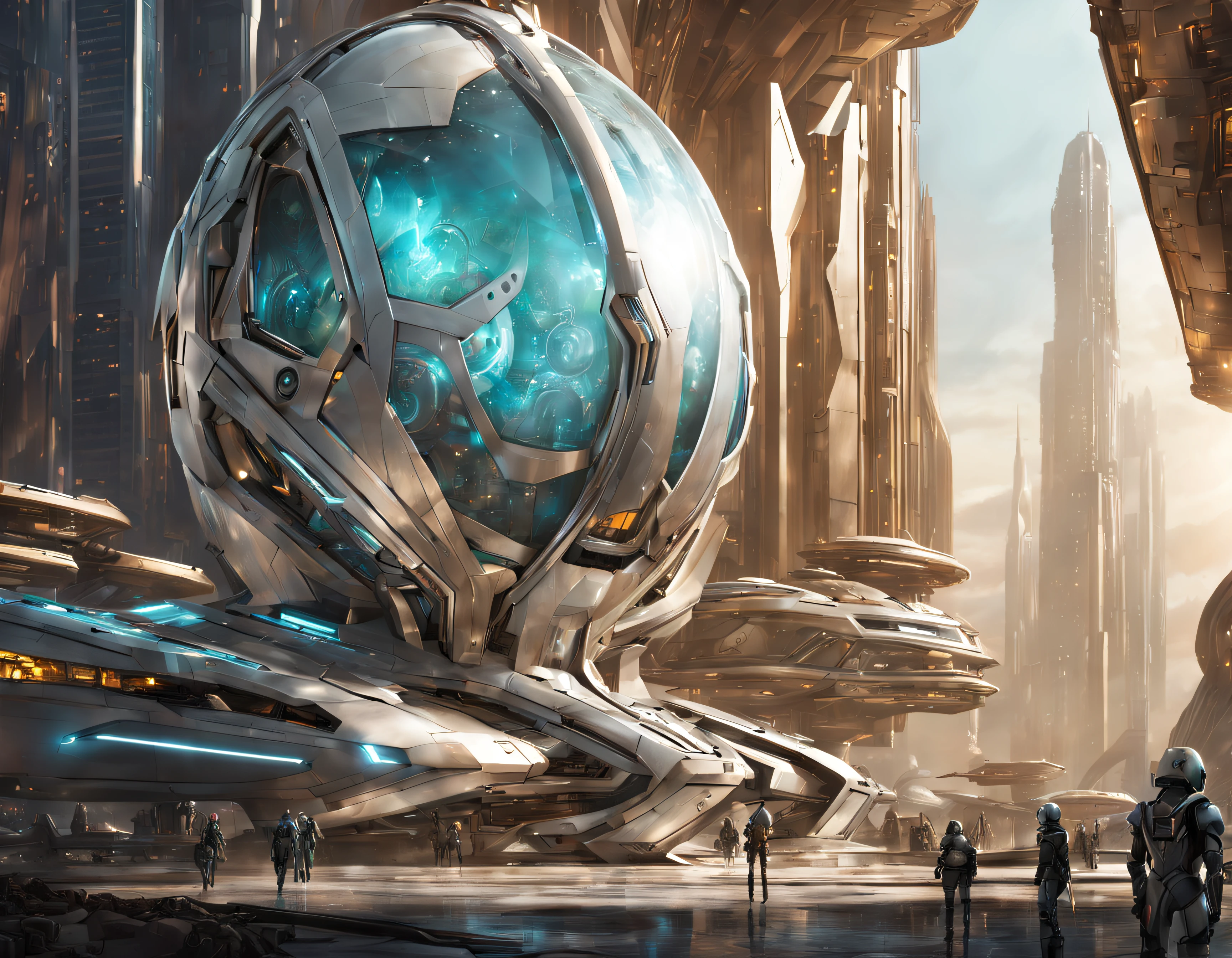 On an unknown planet there is a futuristic city with immense buildings of technological design, con estructuras acristaladas en plata, oro y bronce y maquinarias espectaculares en la que sobrevive un robot femenino espectacular. con colores vivos.