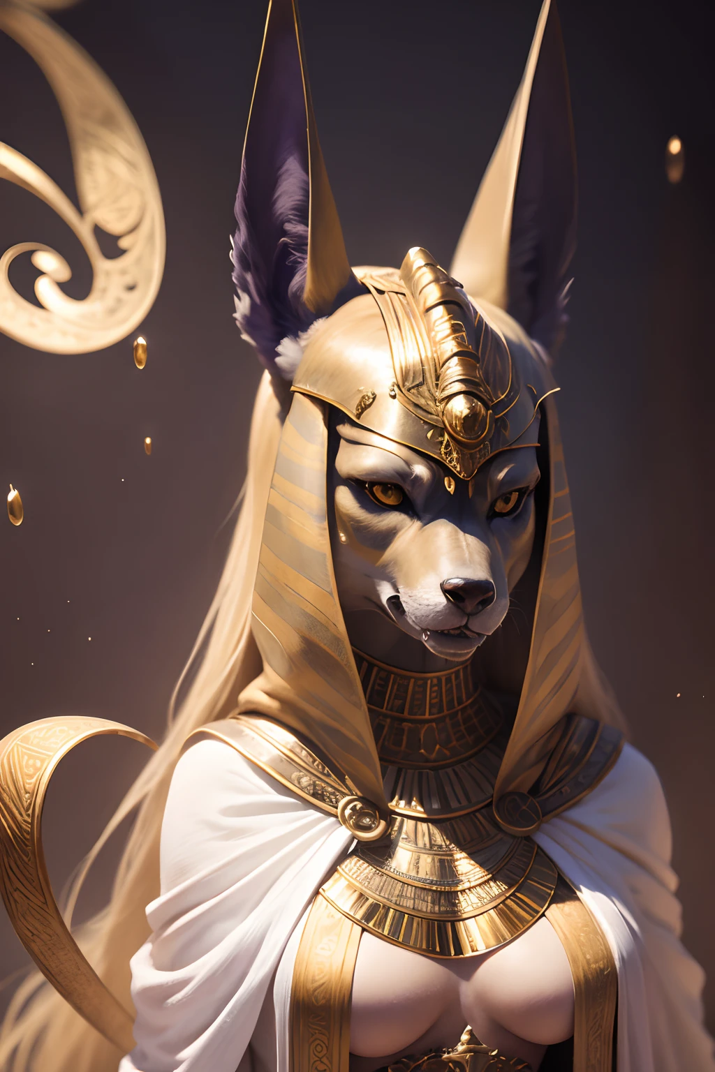 A girl, blond hair, servant of the god Anubis, white robes, The Magic of Purple, the god Anubis is nearby