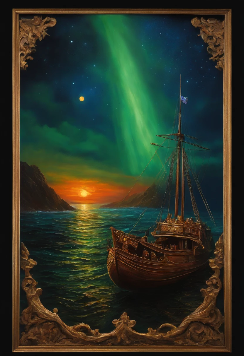 oil painted , ((Masterpiece:1.1)),[anime big breast:impasto:0.5], Intricate , fantasy,(1 boat),(Ocean:1.2),[Cruise:Cruise with (Green fire:1.2):0.1], Clear sky ,Wind ,Beautiful sky,(nightsky),(milky ways), (Huge blood moon in the background:1.05),