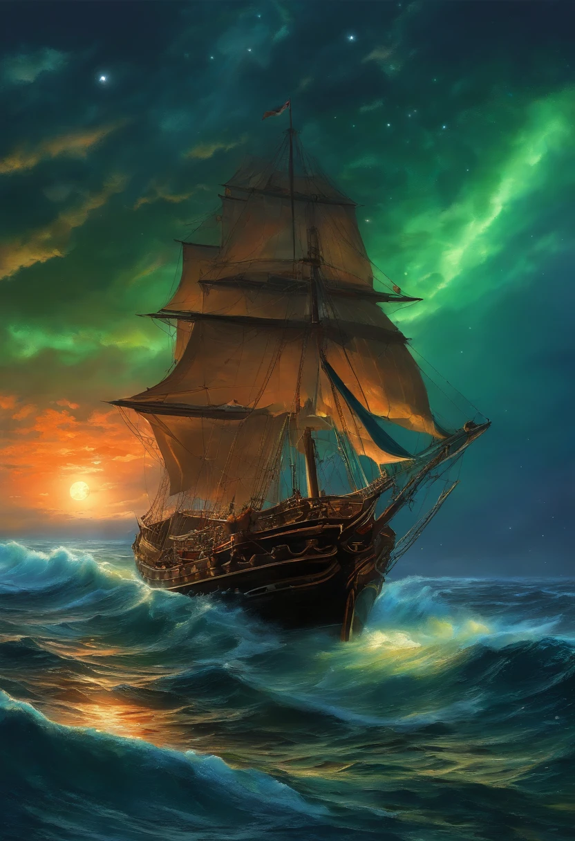 oil painted , ((Masterpiece:1.1)),[anime big breast:impasto:0.5], Intricate , fantasy,(1 boat),(Ocean:1.2),[Cruise:Cruise with (Green fire:1.2):0.1], Clear sky ,Wind ,Beautiful sky,(nightsky),(milky ways), (Huge blood moon in the background:1.05),