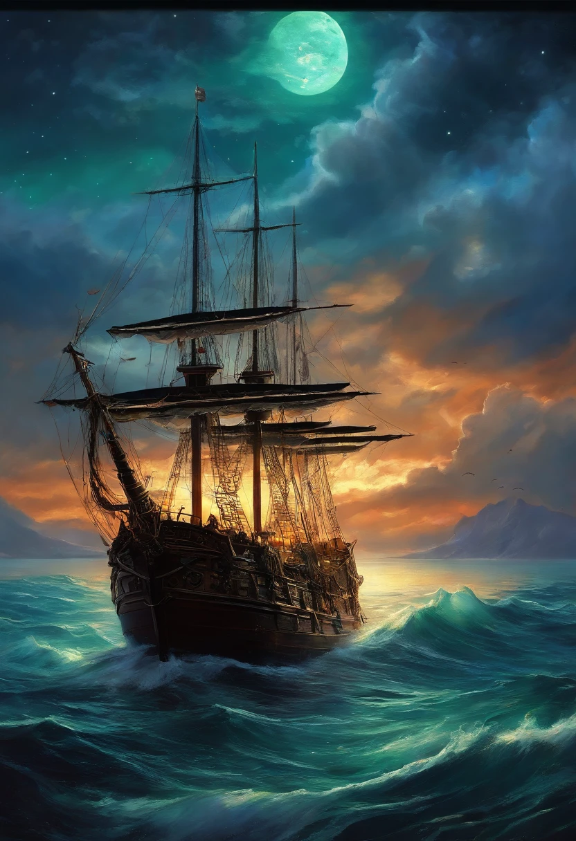 oil painted , ((Masterpiece:1.1)),[anime big breast:impasto:0.5], Intricate , fantasy,(1 boat),(Ocean:1.2),[Cruise:Cruise with (Green fire:1.2):0.1], Clear sky ,Wind ,Beautiful sky,(nightsky),(milky ways), (Huge blood moon in the background:1.05),