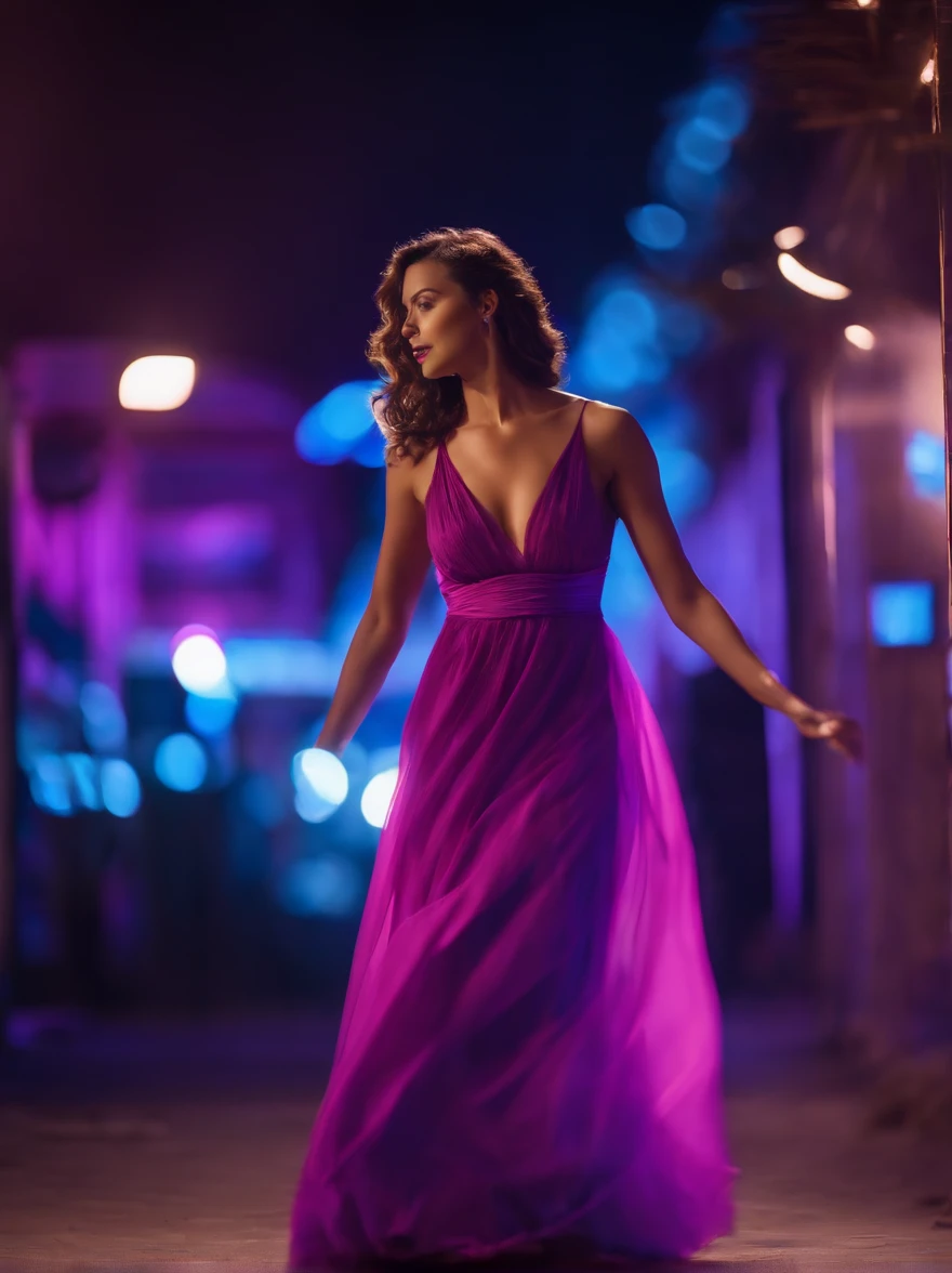 full body photographed from the front beautiful woman in airy fluorescent purple dress, high heels, in night party, motion, blue, neon, movement, photo realistic