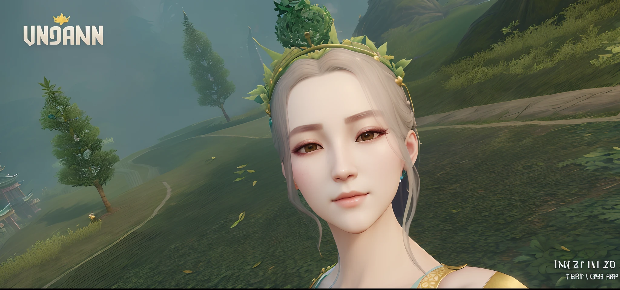 there is a woman with a crown of leaves on her head, ingame image, inspired by Lan Ying, lotus floral crown girl, in - game, in-game, inspired by Dai Xi, wearing a laurel wreath, inspired by Sim Sa-jeong, npc with a saint's halo, wearing a crown of vines, inspired by Ai Xuan, inspired by Ju Lian
