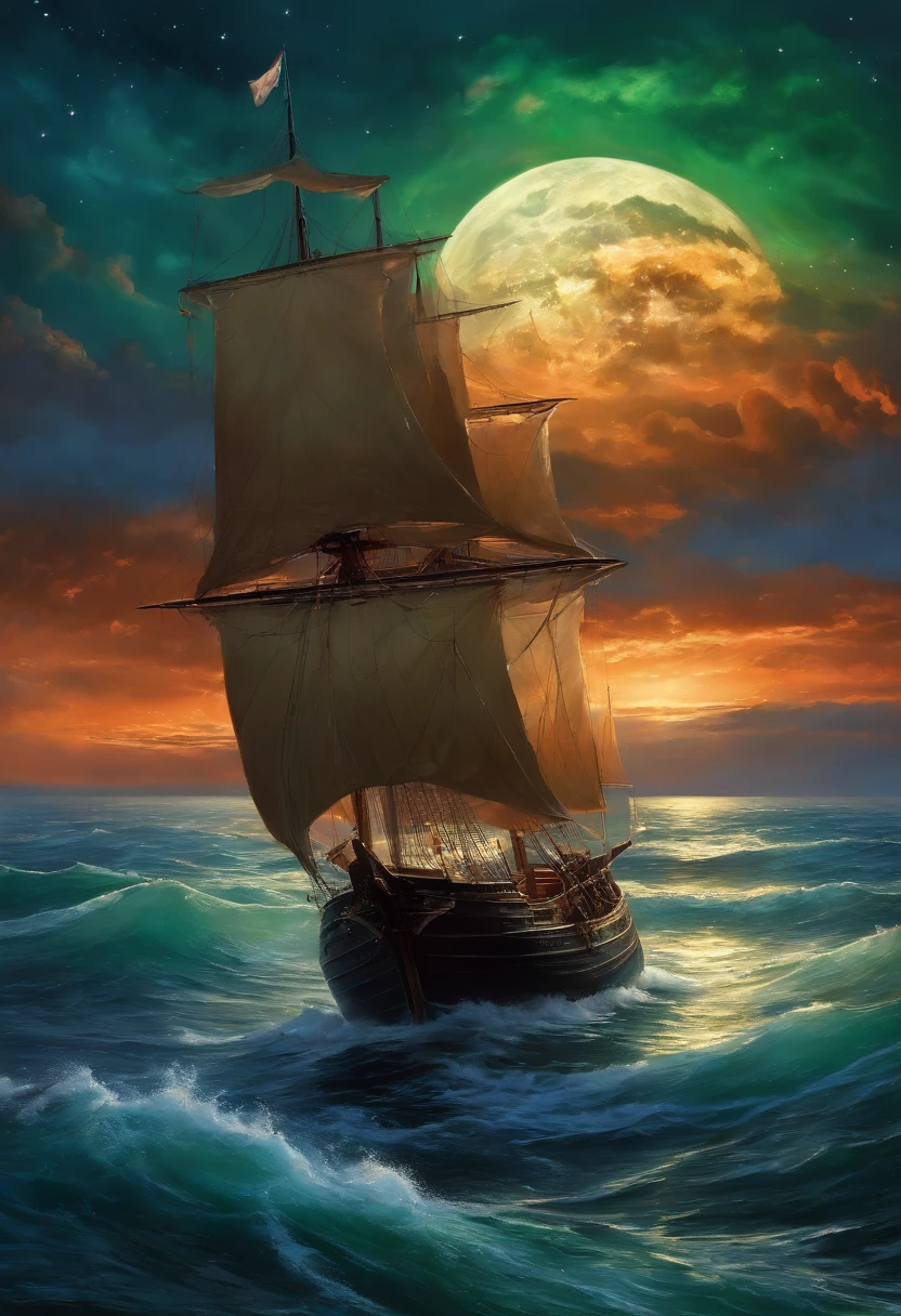 oil painted , ((Masterpiece:1.1)),[anime big breast:impasto:0.5], Intricate , fantasy,(1 boat),(Ocean:1.2),[Cruise:Cruise with (Green fire:1.2):0.1], Clear sky ,Wind ,Beautiful dark sky,(nightsky),(milky ways), (Huge blood moon in the background:1.05),