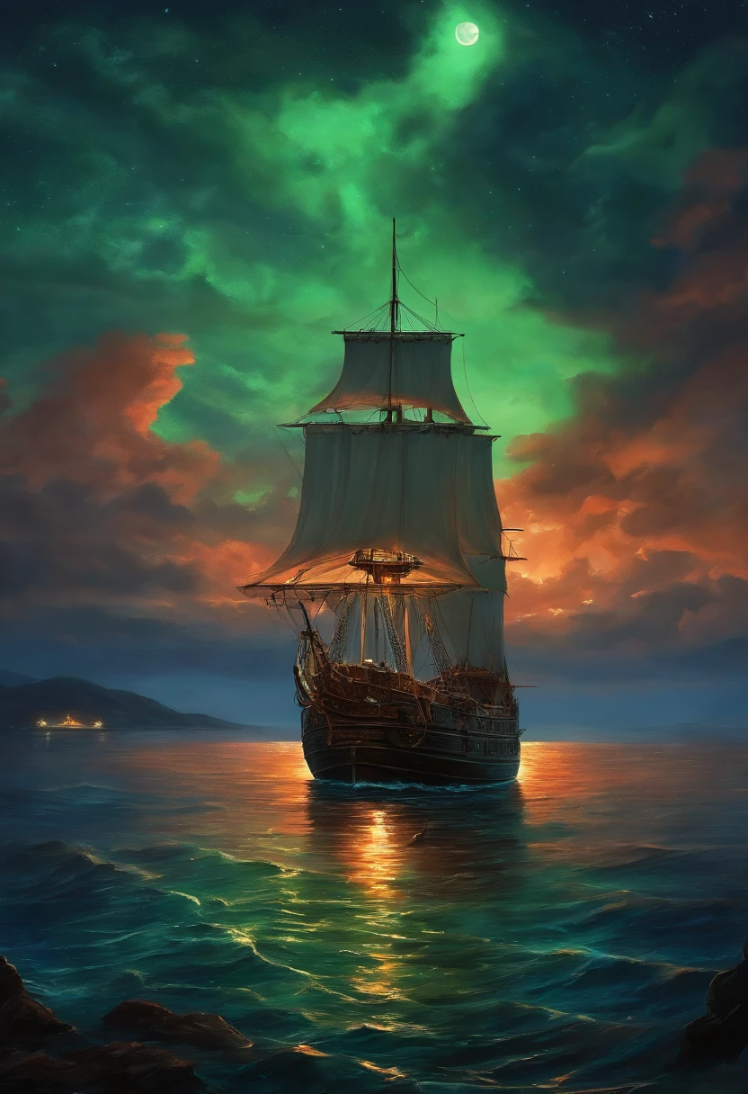 oil painted , ((Masterpiece:1.1)),[anime big breast:impasto:0.5], Intricate , fantasy,(1 boat),(Ocean:1.2),[Cruise:Cruise with (Green fire:1.2):0.1], Clear sky ,Wind ,Beautiful dark sky,(nightsky),(milky ways), (Huge blood moon in the background:1.05),