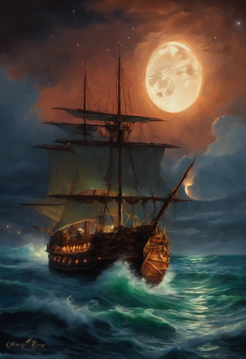 oil painted , ((Masterpiece:1.1)),[anime big breast:impasto:0.5], Intricate , fantasy,(1 boat),(Ocean:1.2),[Cruise:Cruise with (Green fire:1.2):0.1], Clear sky ,Wind ,Beautiful dark sky,(nightsky),(milky ways), (Huge blood moon in the background:1.05),