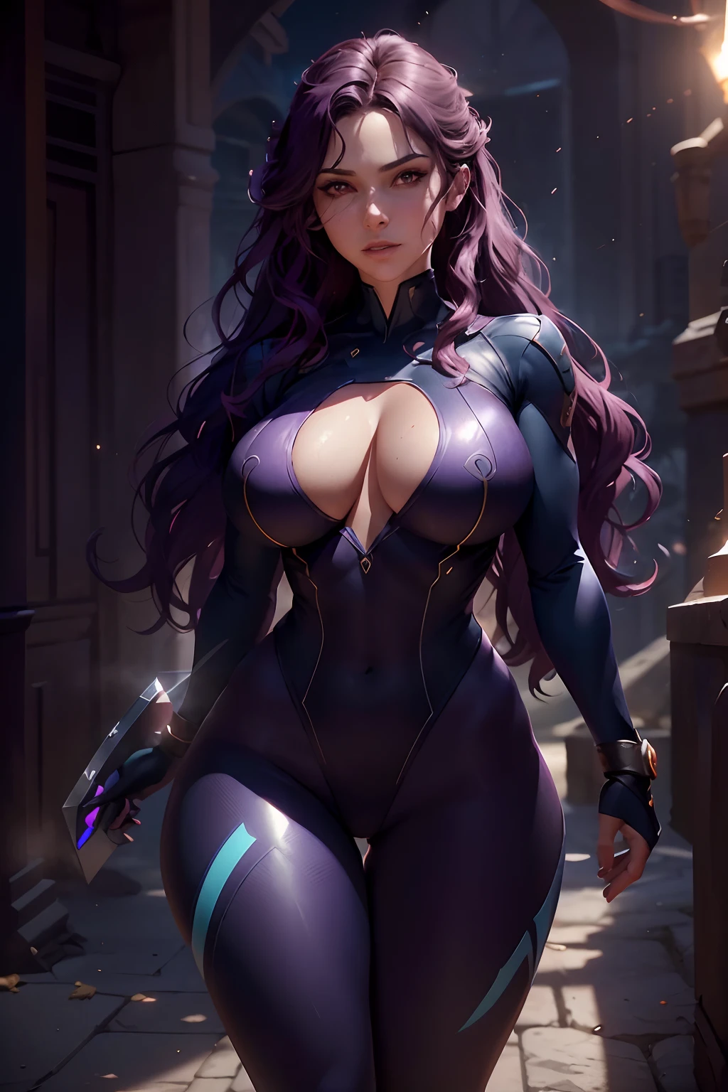 A beautiful young lesbian hero in a colorful skin-tight bodysuit with a transparent S symbol on her chest. She has a perfect body with big bouncing breasts and long wavy purple hair. The hero is the focus of the image, standing tall and confident. The bodysuit accentuates her curves and showcases her strength and power. Her skin is flawless and glowing, adding to her radiant beauty. The symbol on her chest is mysterious and alluring, capturing attention and curiosity. The hero's pose is dynamic and powerful, conveying her readiness for action. The background complements the hero, with vibrant colors and an atmosphere of heroism. The lighting emphasizes the hero's features, casting shadows and highlights that enhance her allure. The overall image is of the highest quality, with ultra-detailed rendering and vivid colors. The art style is captivating and stylish, combining elements of realism and concept art. The color palette is bold and vibrant, adding energy and excitement to the scene. The lighting is dramatic, with dynamic contrasts and shadows that create a sense of depth and dimension. The image is a masterpiece, capturing the essence of a strong and confident lesbian hero.