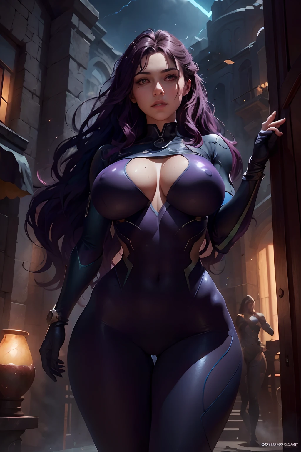 A beautiful young lesbian hero in a colorful skin-tight bodysuit with a transparent S symbol on her chest. She has a perfect body with big bouncing breasts and long wavy purple hair. The hero is the focus of the image, standing tall and confident. The bodysuit accentuates her curves and showcases her strength and power. Her skin is flawless and glowing, adding to her radiant beauty. The symbol on her chest is mysterious and alluring, capturing attention and curiosity. The hero's pose is dynamic and powerful, conveying her readiness for action. The background complements the hero, with vibrant colors and an atmosphere of heroism. The lighting emphasizes the hero's features, casting shadows and highlights that enhance her allure. The overall image is of the highest quality, with ultra-detailed rendering and vivid colors. The art style is captivating and stylish, combining elements of realism and concept art. The color palette is bold and vibrant, adding energy and excitement to the scene. The lighting is dramatic, with dynamic contrasts and shadows that create a sense of depth and dimension. The image is a masterpiece, capturing the essence of a strong and confident lesbian hero.