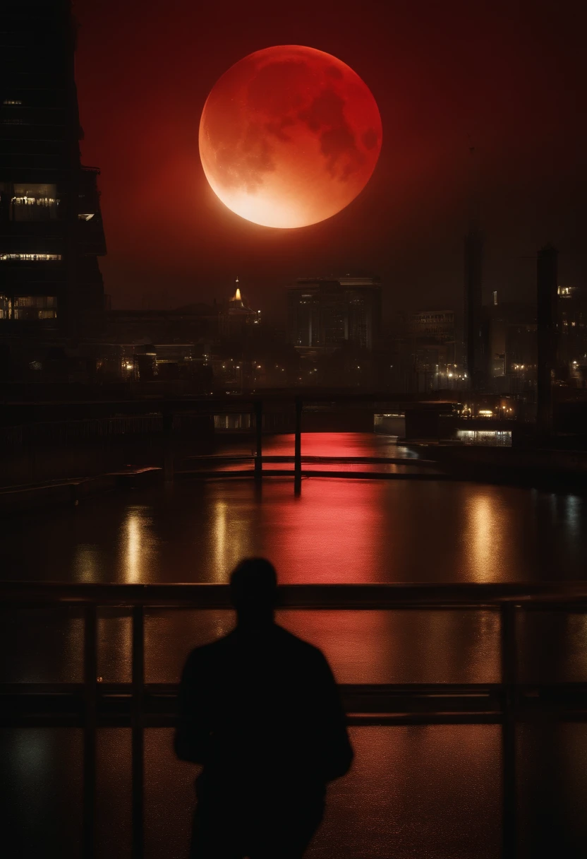 Dark night over the city, red moon, red moon with energy flow, energy tides, bad premonitions, scenery, do not want humans, there is energy flow, highly real, 4K, chiaroscuro, super high detail waiting to start