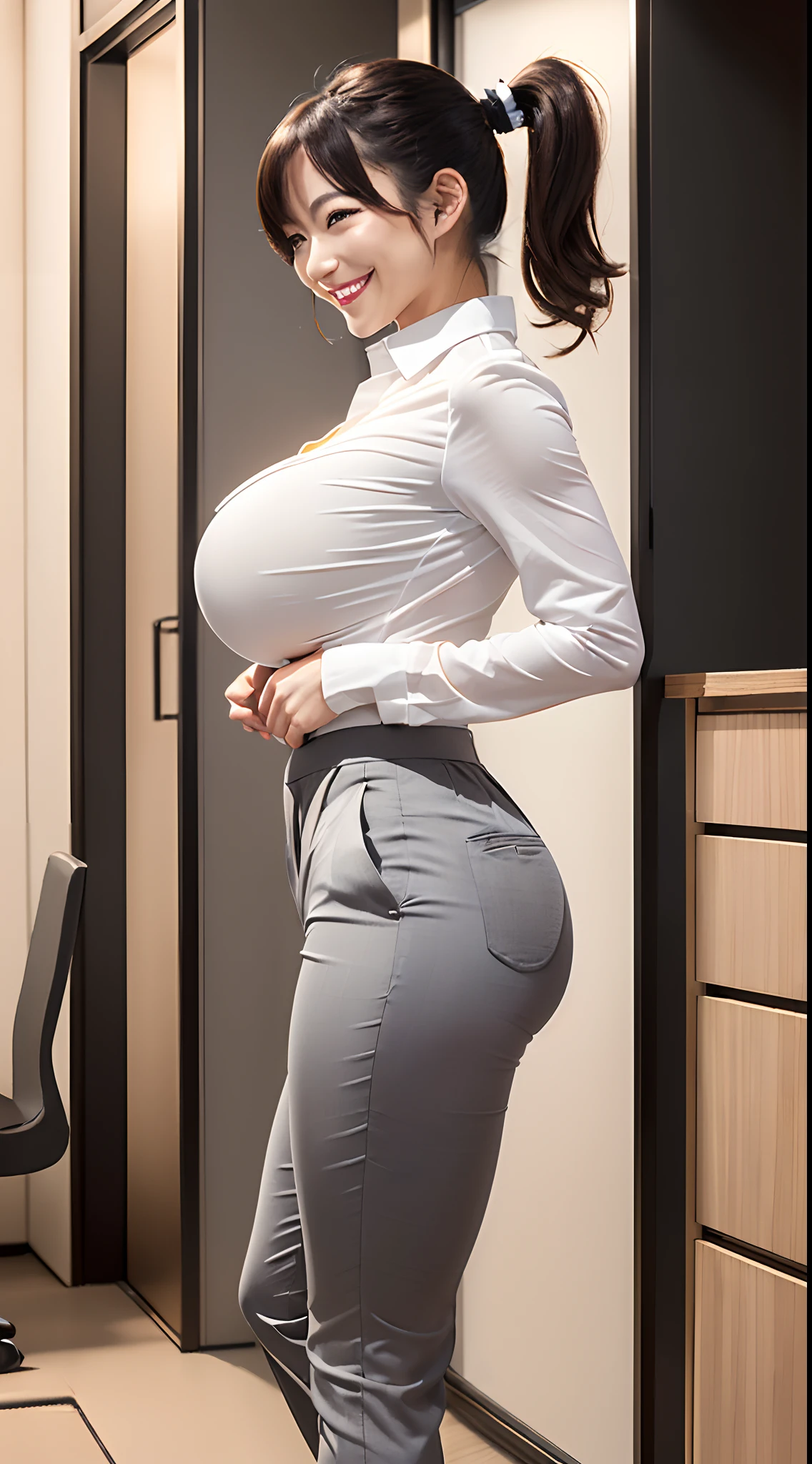 8K, 超A high resolution, Best Quality, masutepiece、超A high resolution、top-quality、 (quite massive chest、Pretty big breasts、Draw from the crotch up、Draw from the side quite a bit:1.6)(White shirt、Gray fairly tight slacks、Put your shirt inside your slacks:1.35)(Standing in an office in a high-rise building:1.2)(Beautiful Japan Woman、Black Side Ponytail、Smile happily、high-heels:1.2)