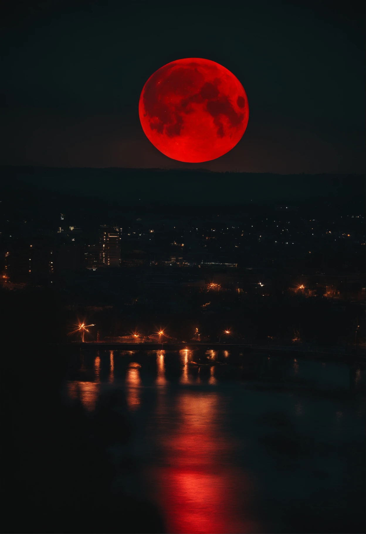 Dark night over the city, red moon, red moon with energy flow, energy tide, Bad premonitions, landscape, don't want humans, There is an energy flow, Highly realistic, 4k, chiaroscuro, Ultra-high detail awaits the start