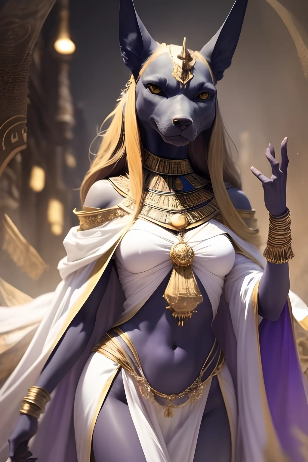 A girl, blond hair, servant of the god Anubis, white robes, The Magic of Purple, the god Anubis is nearby