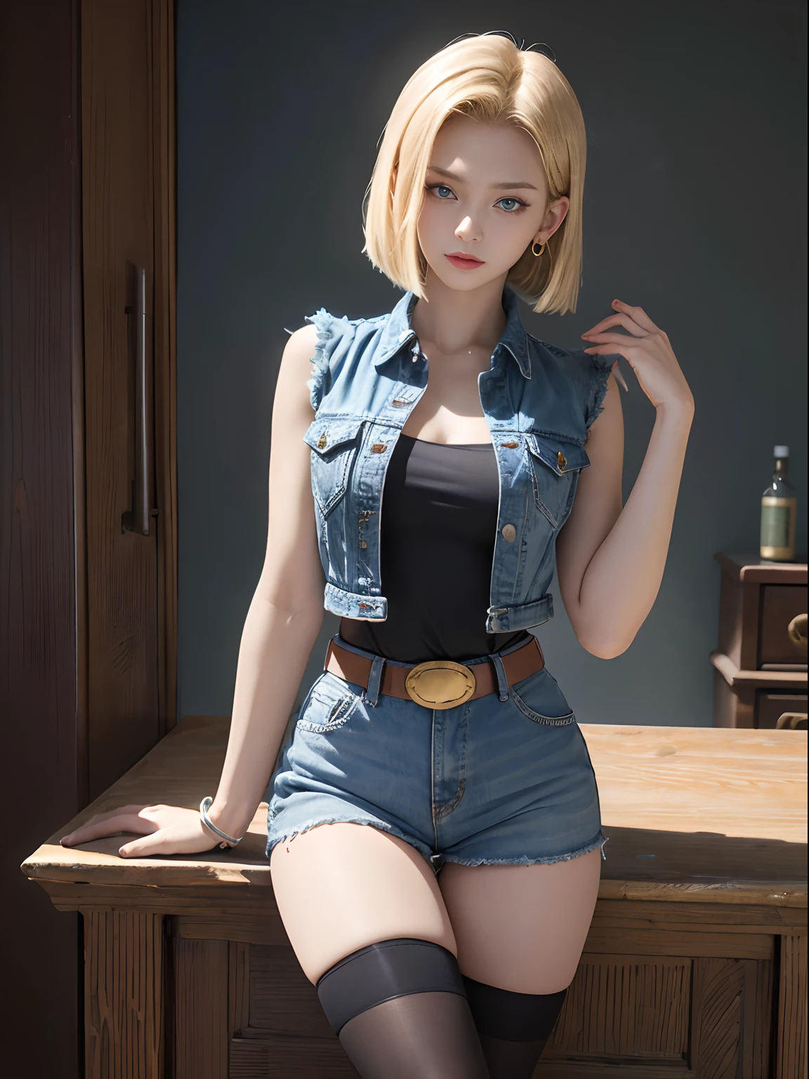 (Masterpiece, Best quality), 1girll, Beautiful face, Beautiful body,  Android18, Earrings, Denim, belt，blackstockings