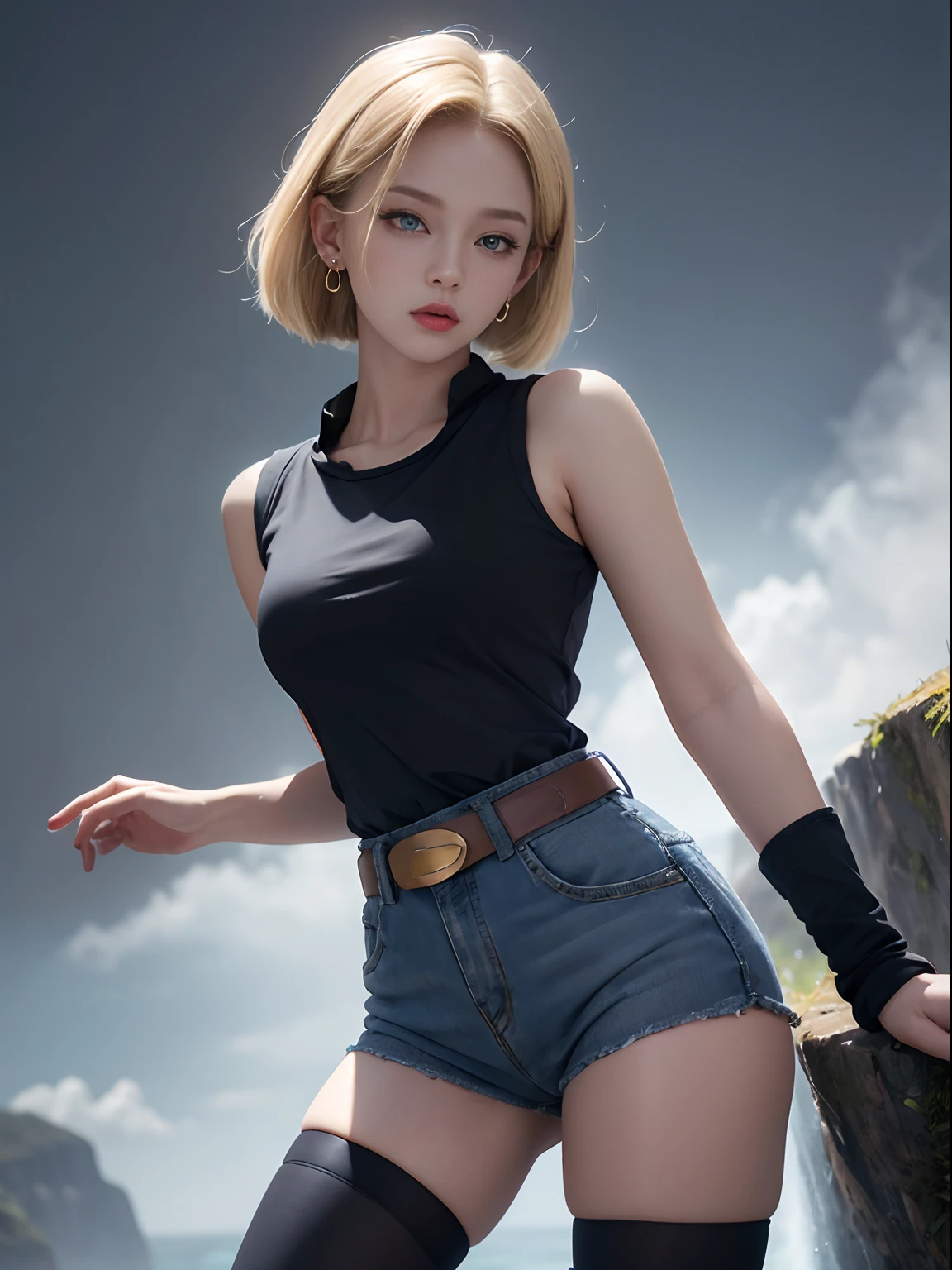 (Masterpiece, Best quality), 1girll, Beautiful face, Beautiful body,  Android18, Earrings, Denim, belt，blackstockings