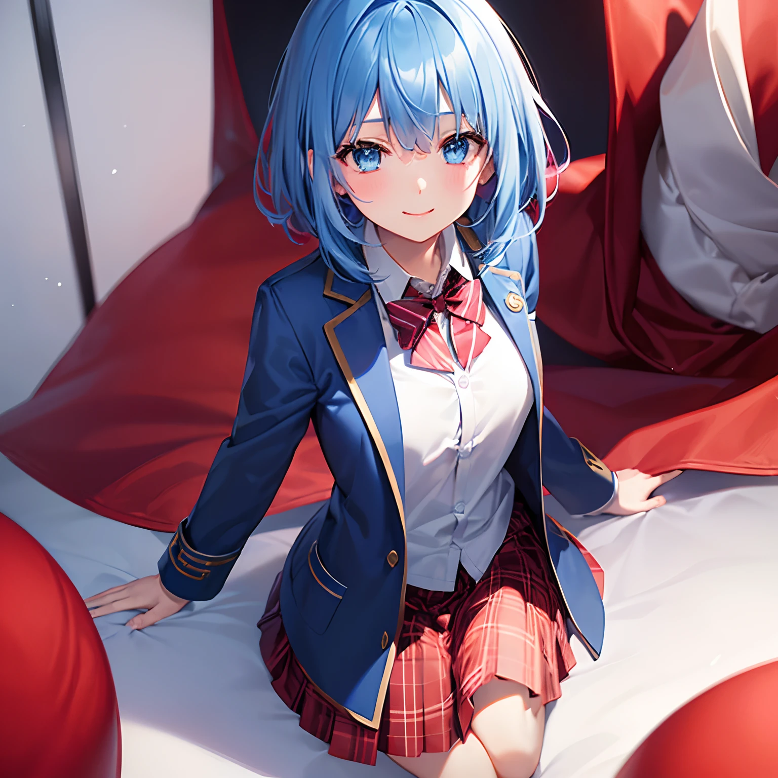 1 girl in、Blue-haired shorthair、blue eyess、Duffel coat、blazers、(Plain white shirt)、(red bowtie)、(Red checked skirt)、Black High Stockings、muffler、A smile、red tide、hightquality、best qualtiy、Winters、snowscape