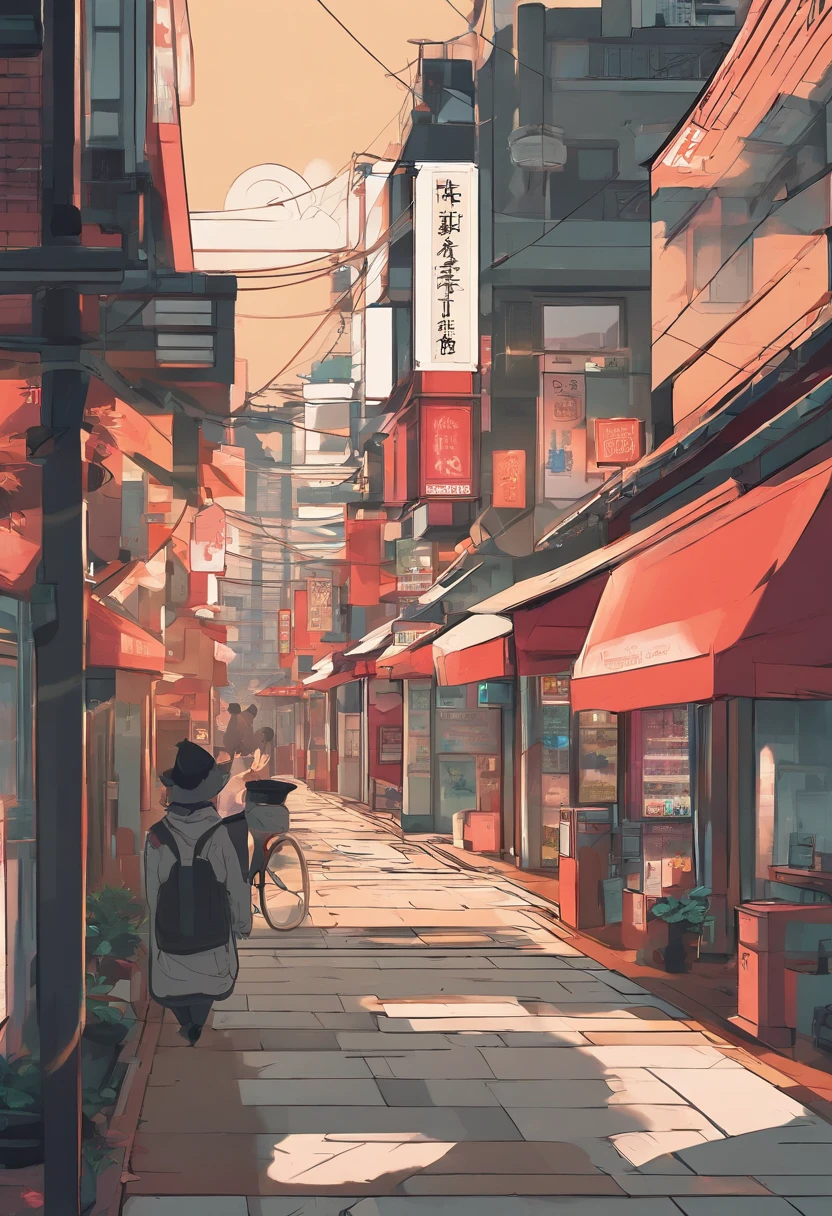 anime - style painting of a man standing in front of a store, tokyo anime scene, japanese street, anime background art, japanese downtown, detailed scenery —width 672, anime style cityscape, japanese city, anime scenery concept art, tokyo street background, realistic anime 3 d style, in style of makoto shinkai, tokyo - esque town, lofi artstyle,This design shows the perfect blend of retro aesthetics and modern digital art, a visually stunning and mesmerizing piece that celebrates Japanese beauty, design, vector art, digital painting, and Adobe Illustrator. is being created.