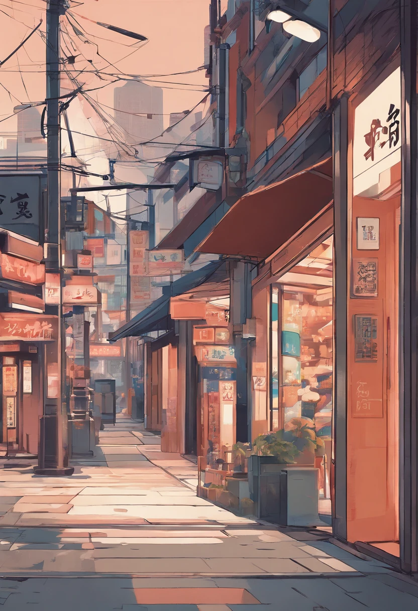 anime - style painting of a man standing in front of a store, tokyo anime scene, japanese street, anime background art, japanese downtown, detailed scenery —width 672, anime style cityscape, japanese city, anime scenery concept art, tokyo street background, realistic anime 3 d style, in style of makoto shinkai, tokyo - esque town, lofi artstyle,This design shows the perfect blend of retro aesthetics and modern digital art, a visually stunning and mesmerizing piece that celebrates Japanese beauty, design, vector art, digital painting, and Adobe Illustrator. is being created.