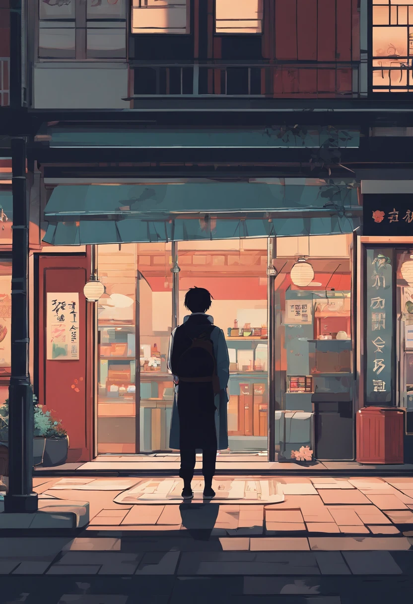 anime - style painting of a man standing in front of a store, tokyo anime scene, japanese street, anime background art, japanese downtown, detailed scenery —width 672, anime style cityscape, japanese city, anime scenery concept art, tokyo street background, realistic anime 3 d style, in style of makoto shinkai, tokyo - esque town, lofi artstyle,This design shows the perfect blend of retro aesthetics and modern digital art, a visually stunning and mesmerizing piece that celebrates Japanese beauty, design, vector art, digital painting, and Adobe Illustrator. is being created.