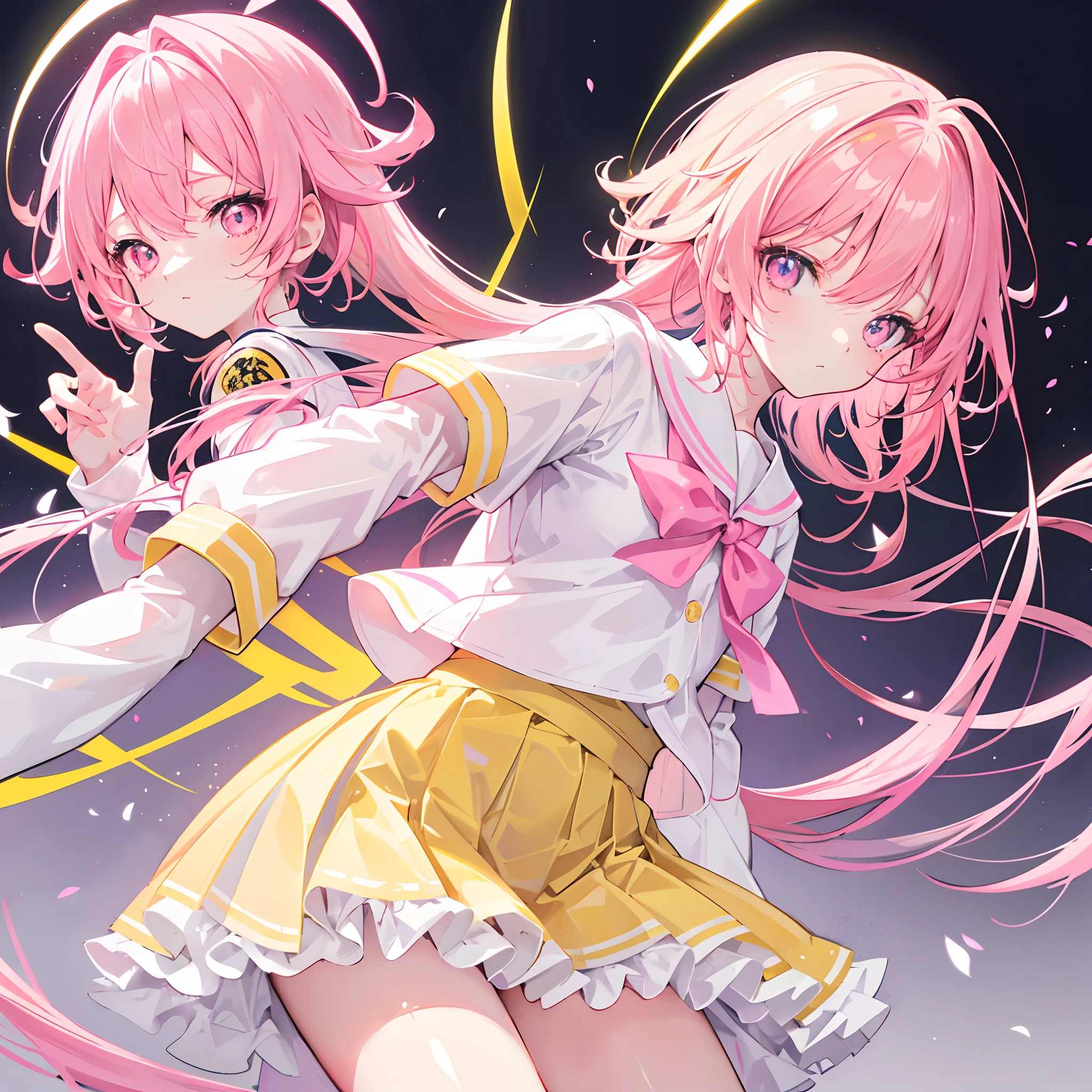 Glowing light pink yellow with hair and pupils,They are also fluorescent,A school uniform in a glowing pink, yellow and white color,Very tender and shiny face,It also fluoresces,The whole is shining,It's a sweet loli girl