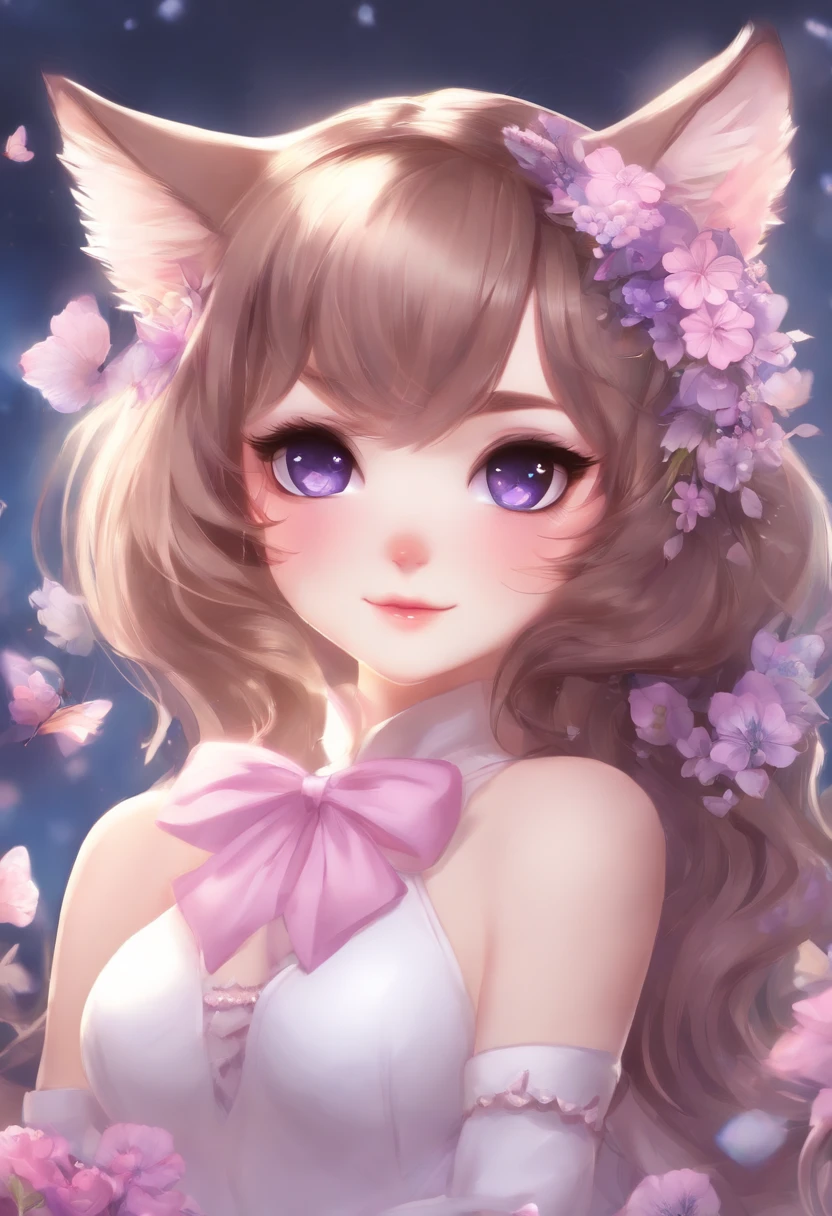 1girl, naked, animal ears, purple eyes, brown hair, wings, solo, long hair, blush, cat ears, flowers, looking at viewer, braids, bows, dresses, pink flowers, bows, hair accessories, bangs, cats, hair flower, animal ear hair, holding, virtual youtuber, blue bow, holding animal, catwoman, stuffed toy