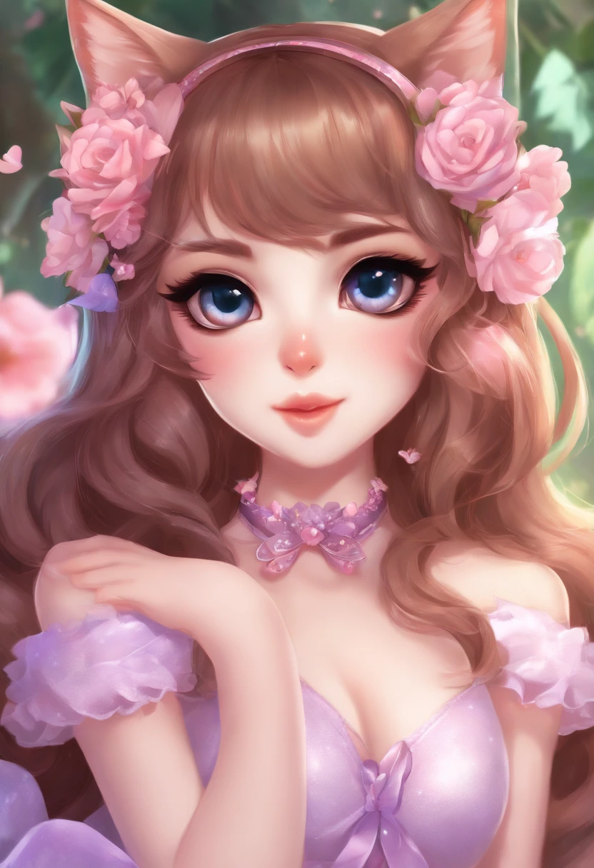 1girl, naked, animal ears, purple eyes, brown hair, wings, solo, long hair, blush, cat ears, flowers, looking at viewer, braids, bows, dresses, pink flowers, bows, hair accessories, bangs, cats, hair flower, animal ear hair, holding, virtual youtuber, blue bow, holding animal, catwoman, stuffed toy